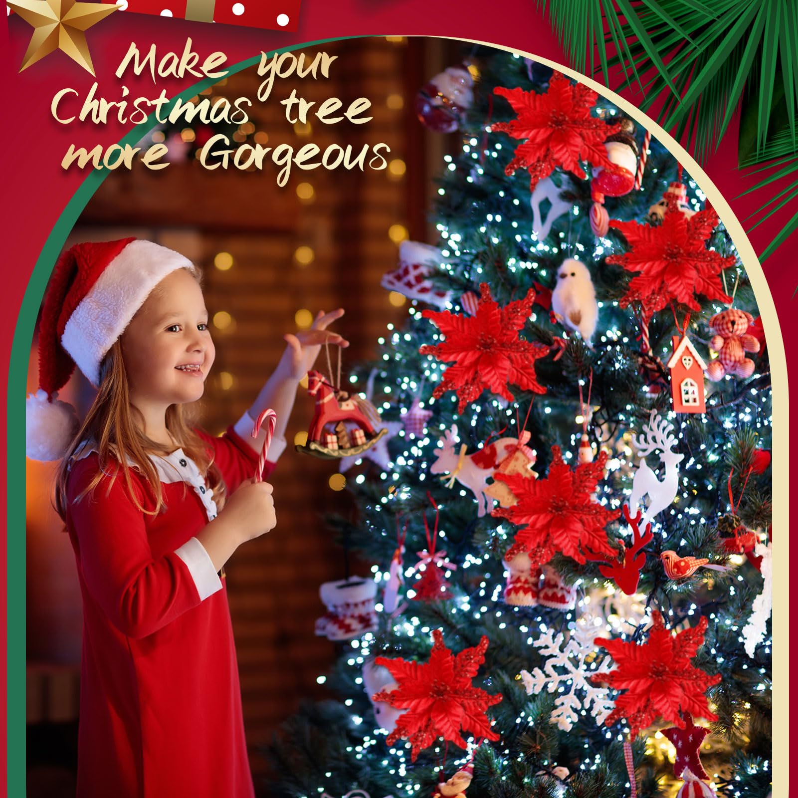 12 flores de Navidad artificiales de tela con purpurina de 10 pulgadas con clips, adornos de árbol de Navidad de cabeza grande con tallos para bodas, fiestas (rojo)