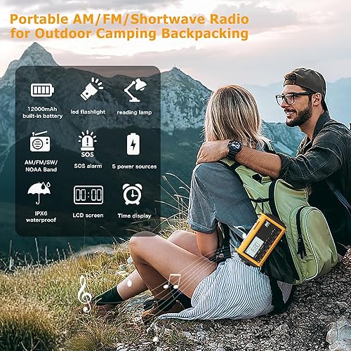 Miniatura 59 de Radio meteorológica de emergencia, manivela solar, funciona con pilas, radio de onda corta AM FM portátil con alerta NOAA, linterna, lámpara