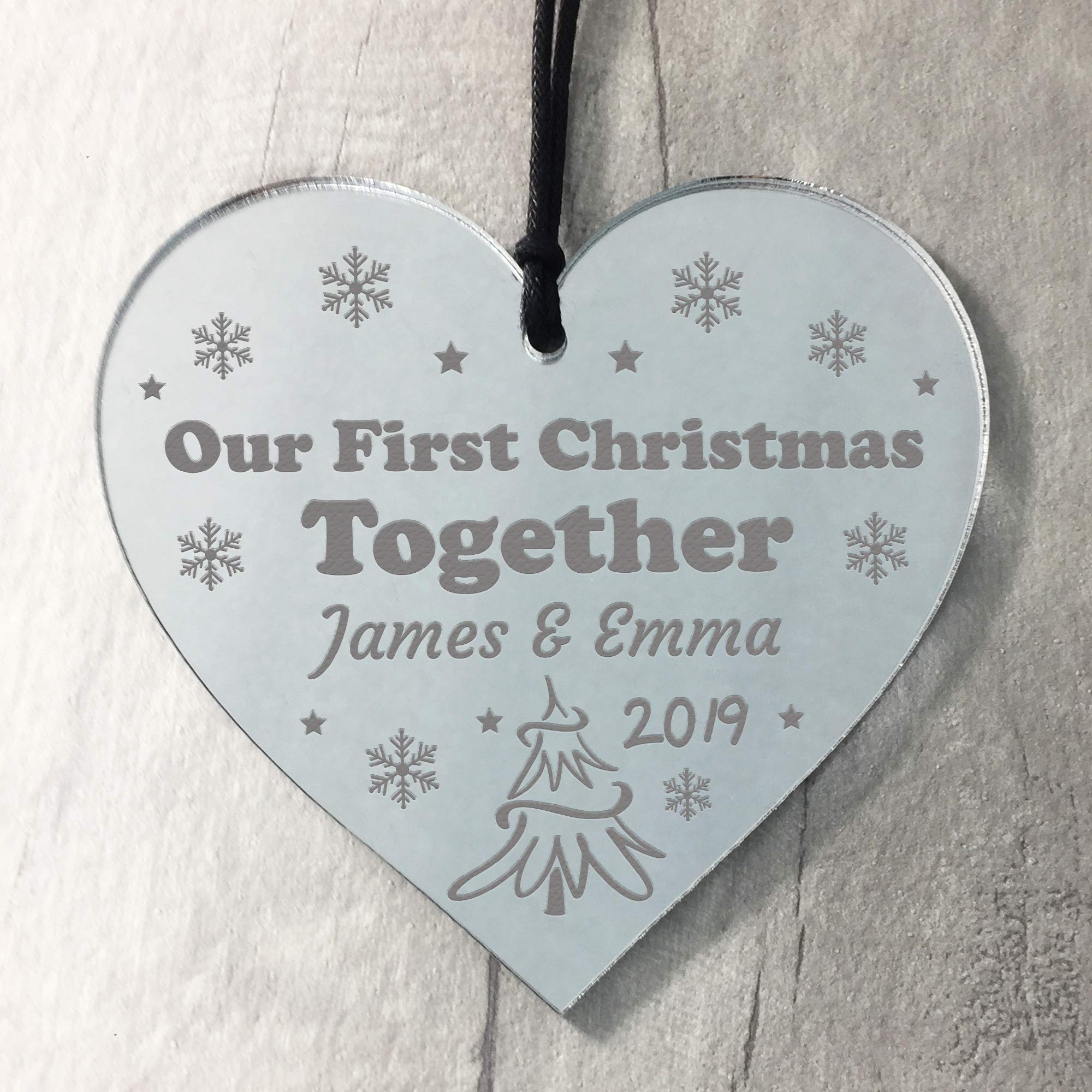RED OCEAN Personalised First Christmas Together Boyfriend Girlfriend Mirror Acrylic Heart Christmas Tree Decoration Bauble