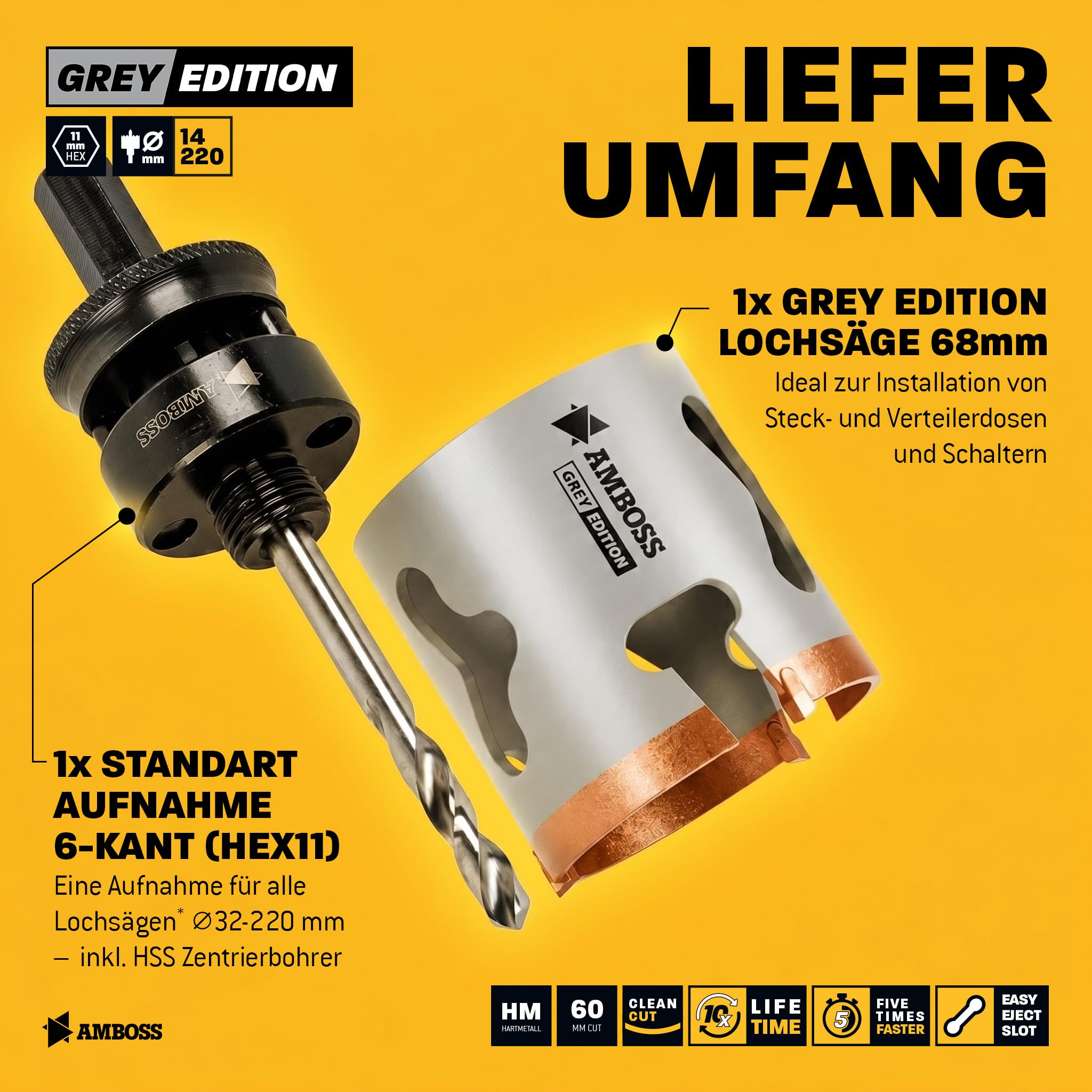 Amboss HM Lochsäge 68 mm | Für Spanplatten, Hartholz, Gipskarton etc. - Inkl. 6 Kant Standard Aufnahme
