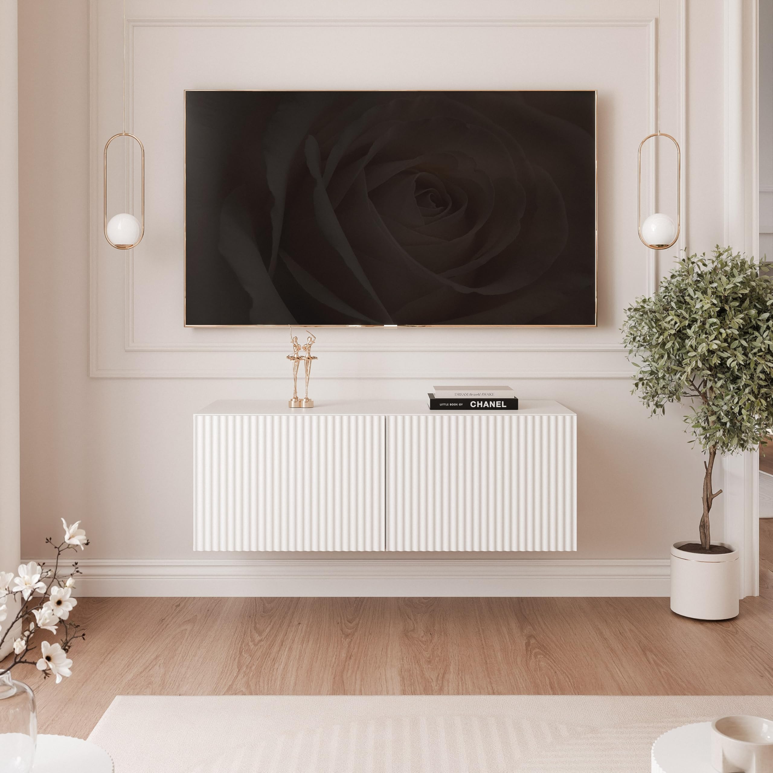 TV Lowboard hängend mit LED und 2 Fächern 100 cm Weiß Matt