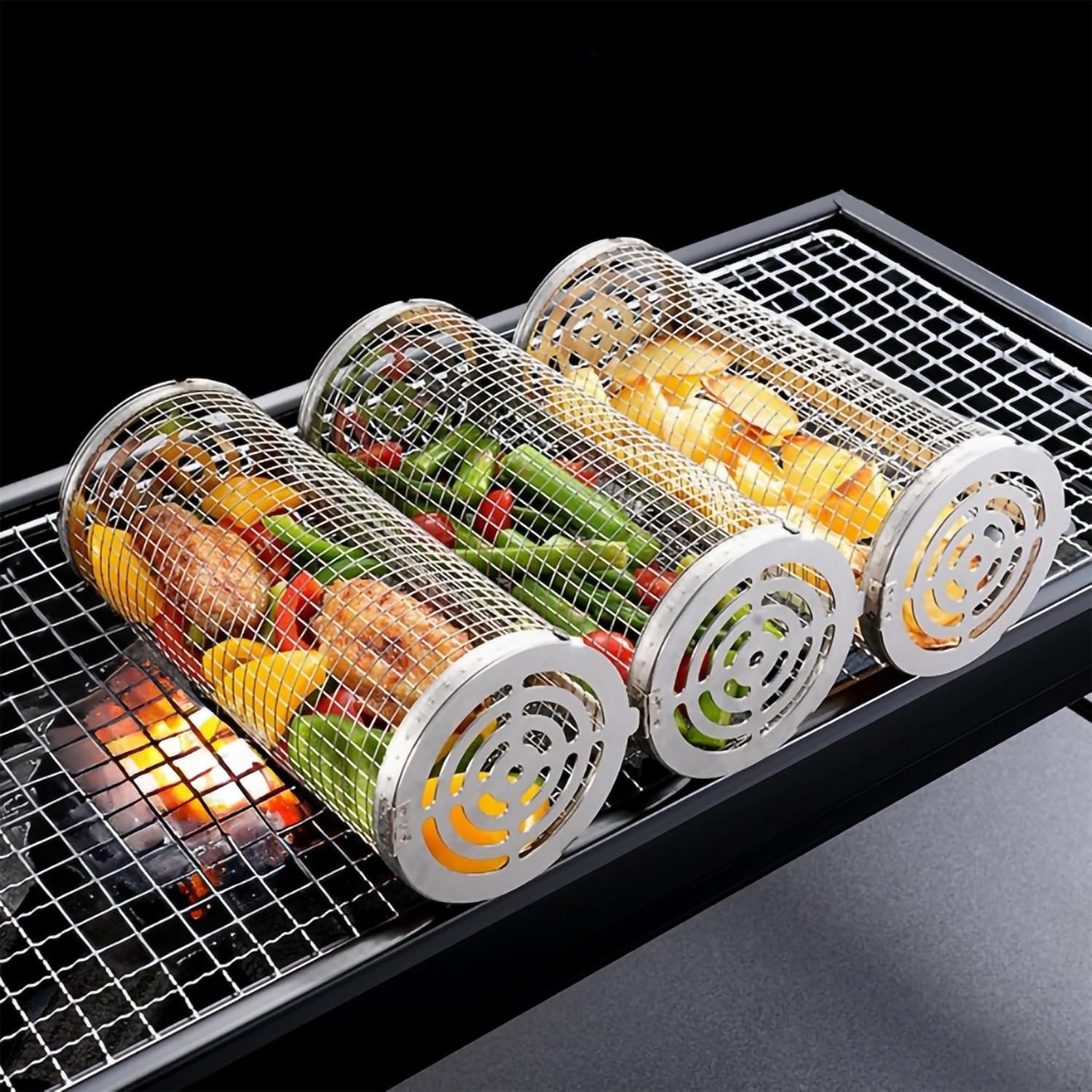 Rolling Grill Basket, Round Stainless Steel Grill Basket BBQ Grill Mesh BBQ Net Tube 2 Pack 3.9 X 3.9 X 12.8" & 3.5 X 3.5 X 11.8", Portable Grill Baskets for Outdoor Grilling 21900-1D