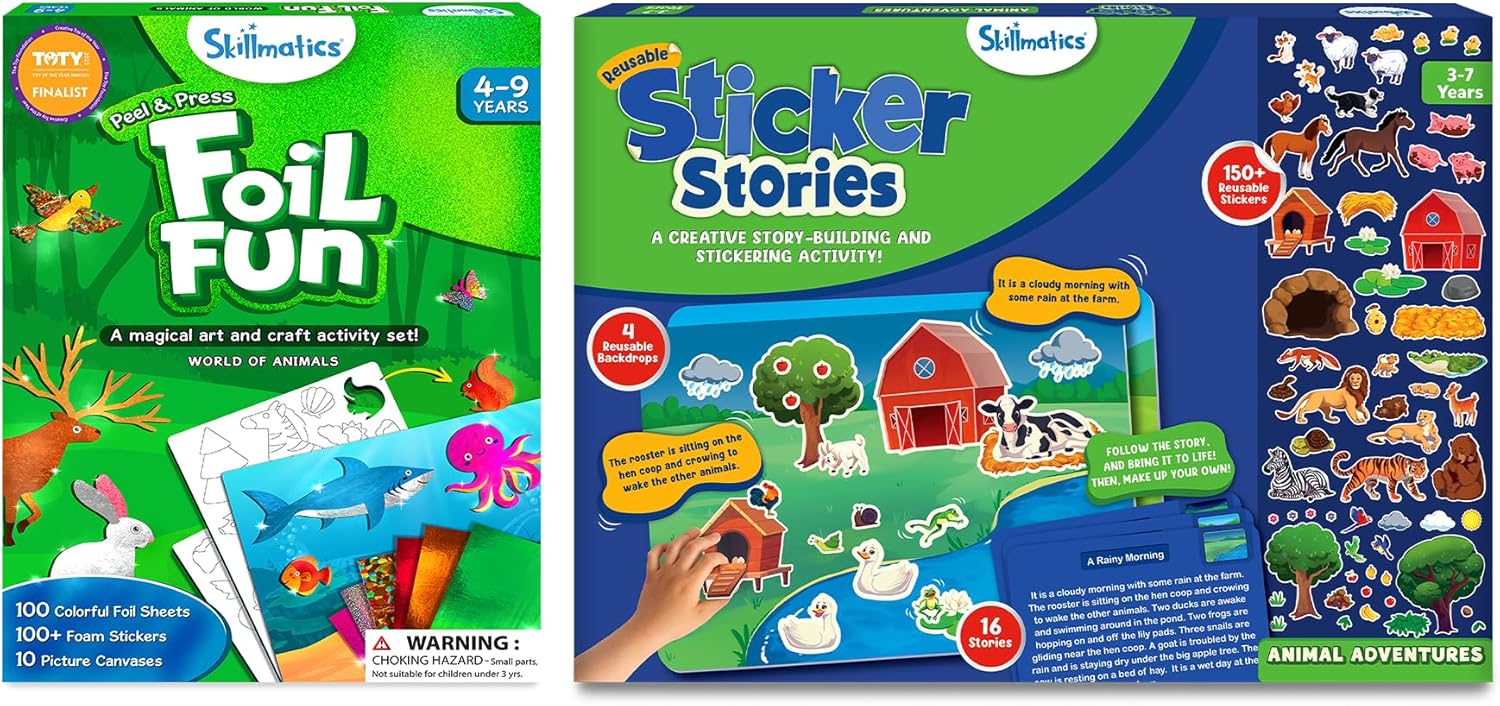 Skillmatics Foil Fun Animals & Sticker Stories Animal Adventure Bundle, DIY Creative Activity Kits, Travel Toys for Boys & Girls Ages 3, 4, 5, 6, 7, 8, 9