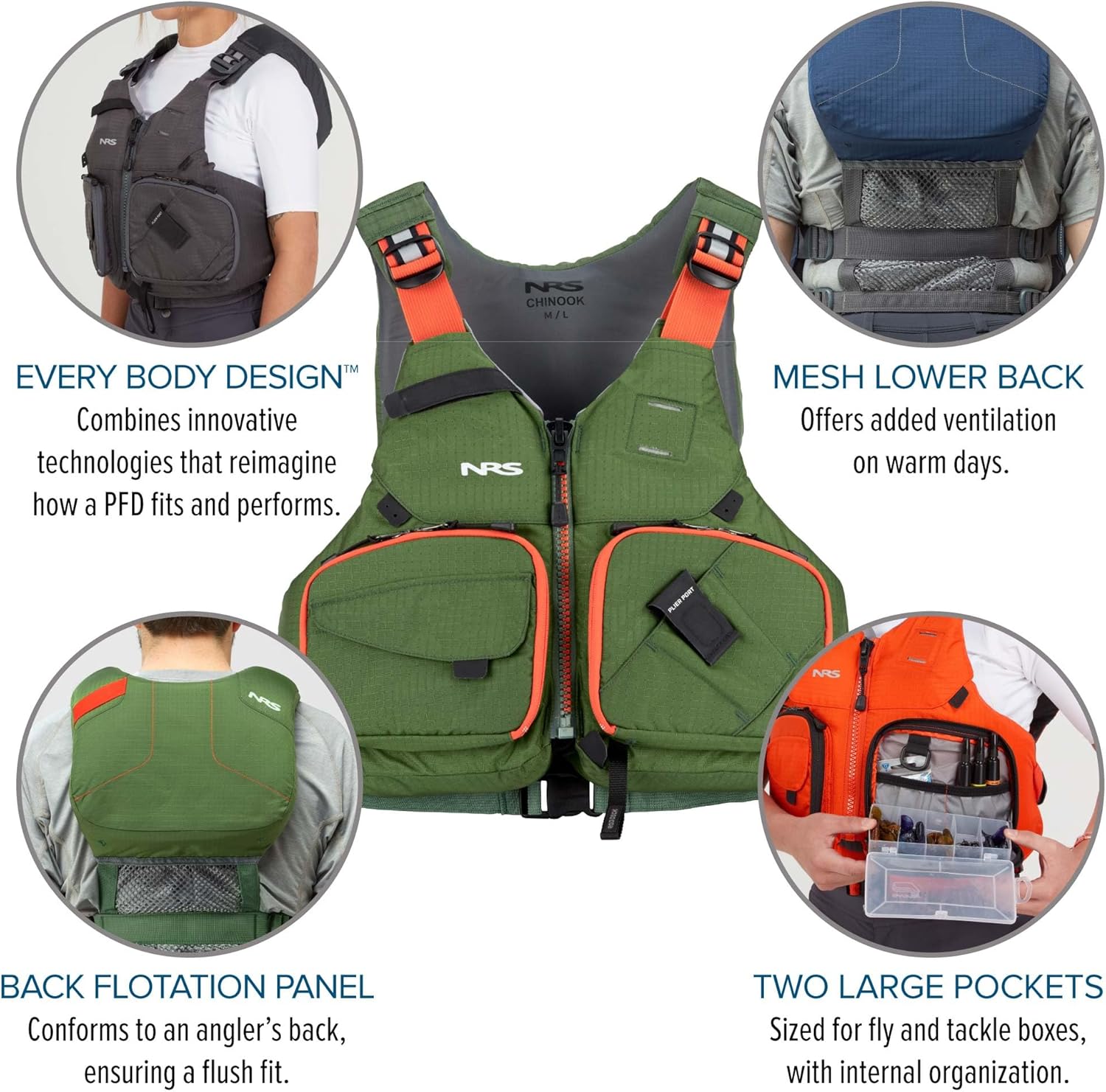 NRS Chinook Fishing Life Jacket for Fishing | Adult USCG Type III PFD | Mesh Back Front Zip Vest with Pockets for Rafting, Kayaking, Paddling