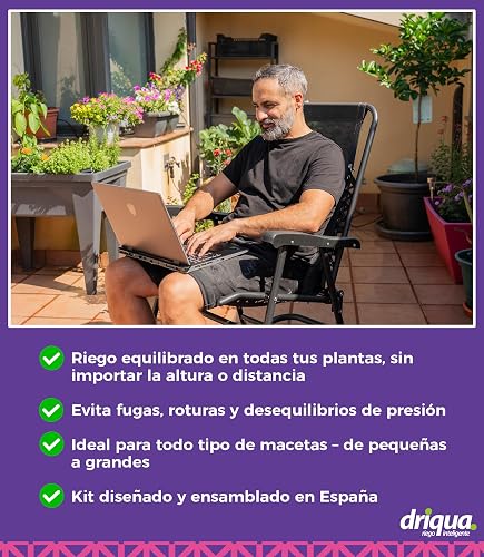 Kit d'arrosage goutte à goutte pour balcons, terrasses et potager urbain, 20-25 pots, robinet double laiton, réducteur de pression, goutteurs auto-compensateurs, microtube 25 m, installation facile - 5