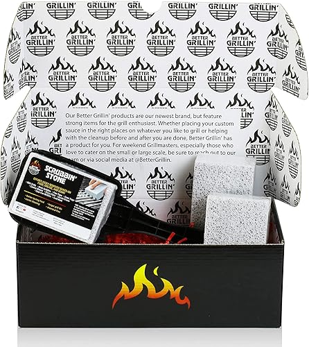 Better Grillin' Paquete de regalo - Mango limpiador de arrugas con tres piedras para proteger las manos y las uñas mientras limpia barbacoas,