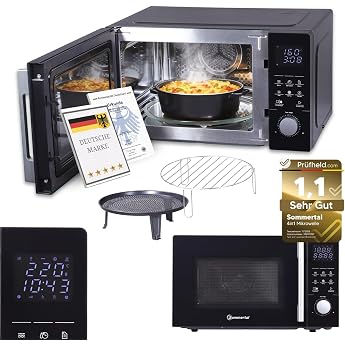 Sommertal 4-in-1 Microwave 25L - Grill Hot Air Fryer Convection 2200W 8 Programmes Touch Display 60 Min Timer Black Child Lock Express Start - Includes Grate & Crisp Pan