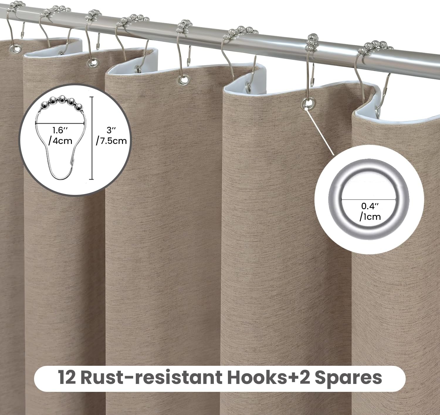 Inhousolu Boho Farmhouse Shower Curtain with Fabric Liner Set, Faux Linen Textured, 14 Metal Hooks Luxury Weighted Hem, Washable Wrinkle Free Bath Curtain for Hotel Bathroom 72" W x 72" L Beige