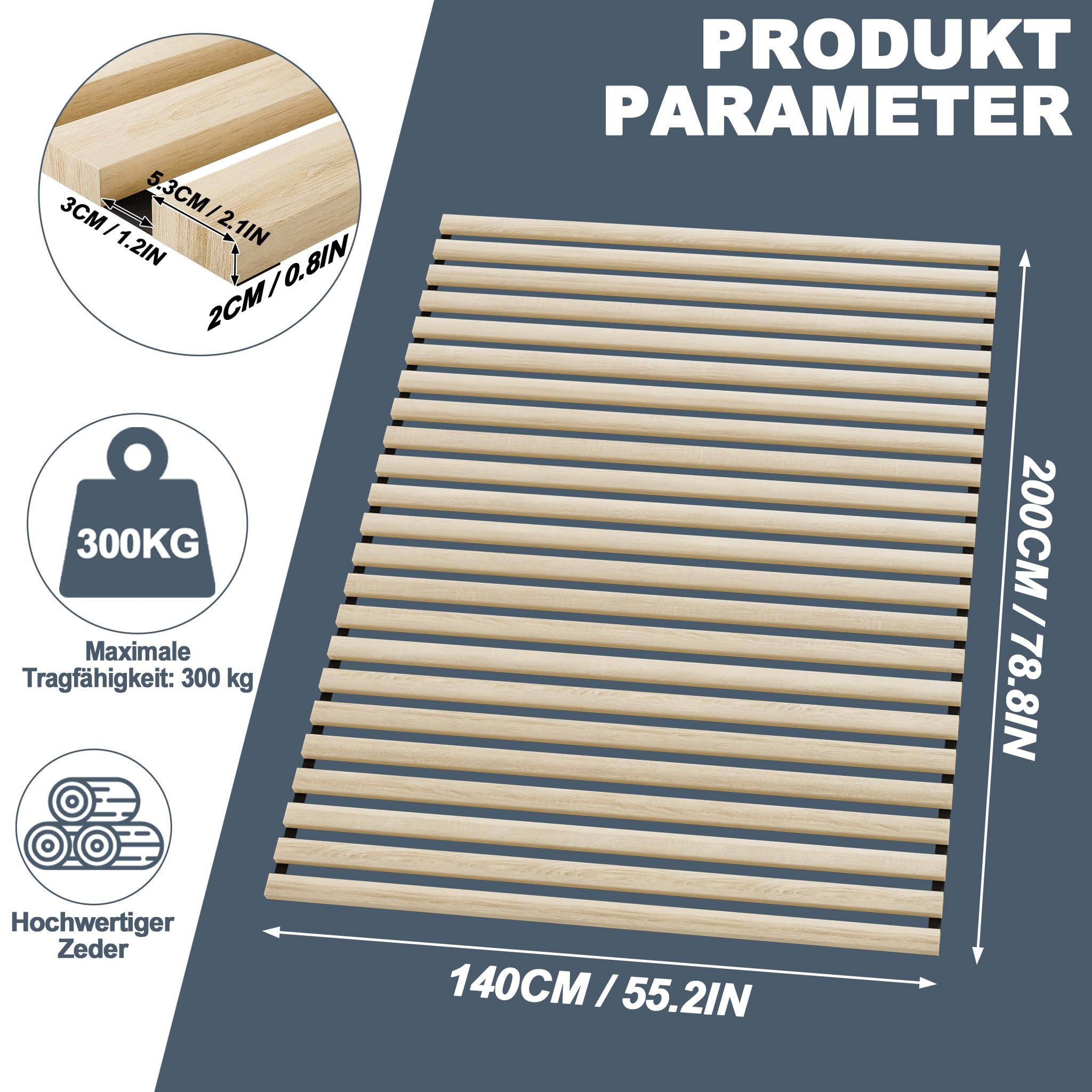 UISEBRT Somier enrollable de madera de abeto, 23 listones, 140 x 200 cm, listones de madera con goma negra, apto para todo tipo de colchones, capacidad de carga de hasta 300 kg