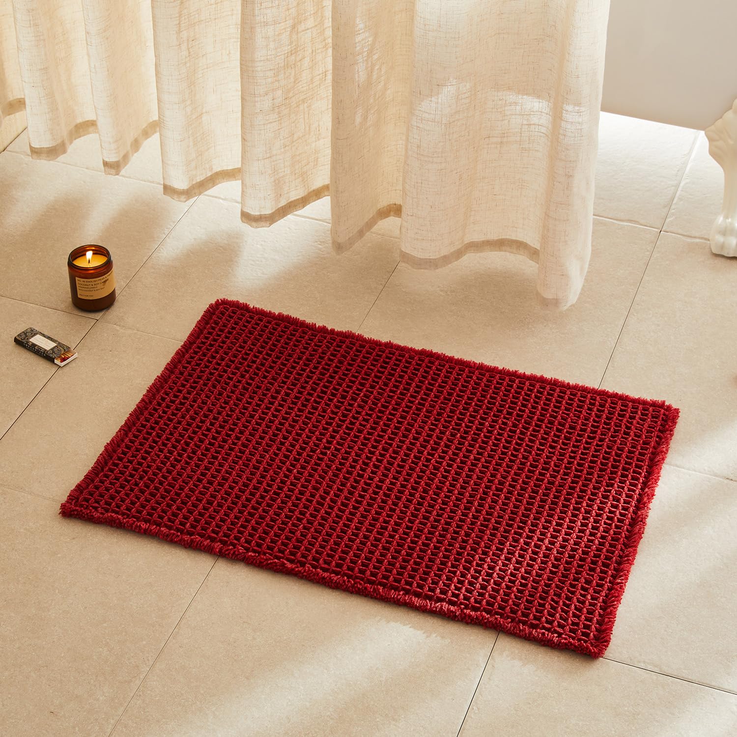 TYUU Waffle Bath Mat, Boho Bathroom Rugs Non Slip Washable Super Absorbent Quick Dry Bath Mat Farmhouse Bathroom Decor, 30"x20" Burgundy