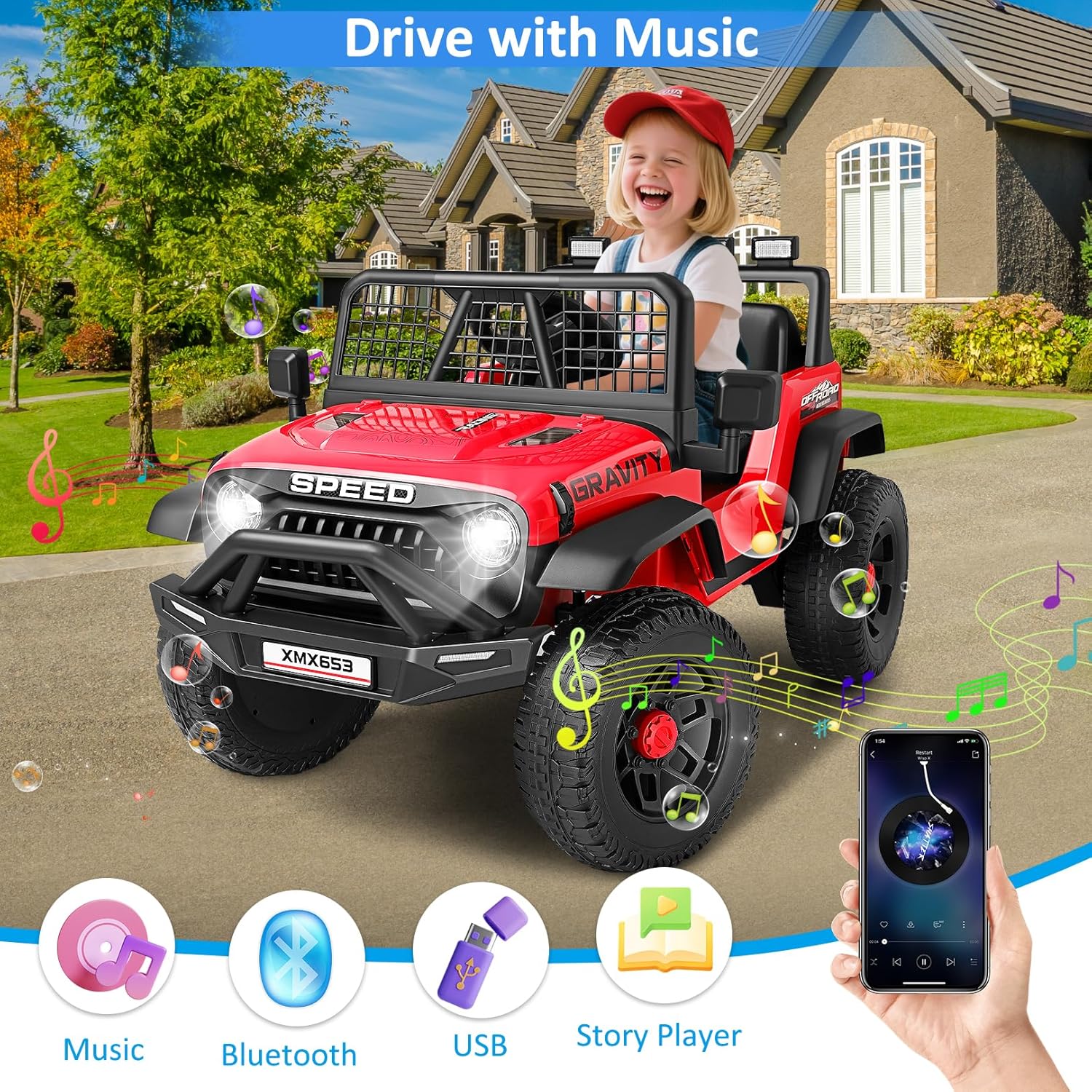 Hikole 24V Ride on Car with Remote Control, Power Car Wheels for Kids, Music Player, Shock Absorption, LED Lights, 3 Speeds, Safety Belt, Electric Car for Girls Boys, Red