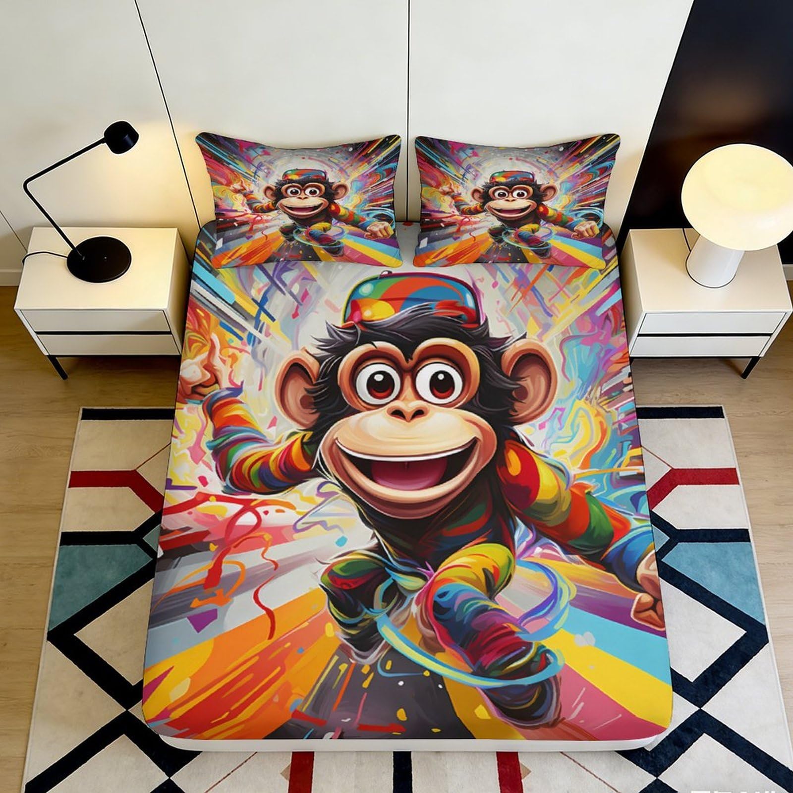 3D Printed Colorful Graffiti Monkey Fitted Sheet Microfiber Soft Breathable Vibrant Street Art Bed Cover for Bedroom Dormitory Guest Room Mattress Protection Decor 120x200x25cm