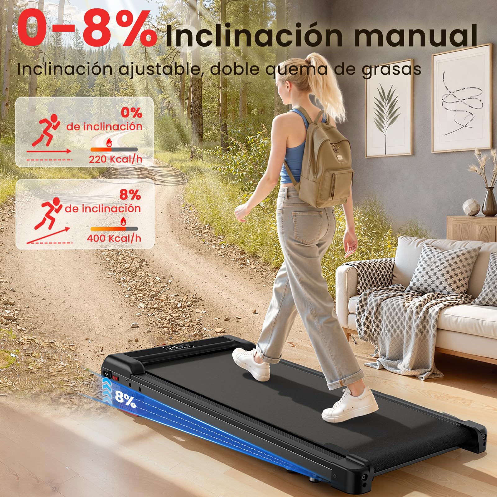 Cinta de Correr y de Andar 3 en 1 Plegable con Inclinación 9%, Caminadora Eléctrica Silenciosa 1-10 km/h, Motor 3,0 CV Sin Escobillas, 140 kg Máx, Pantalla LED, Amortiguación (Negro Mate)