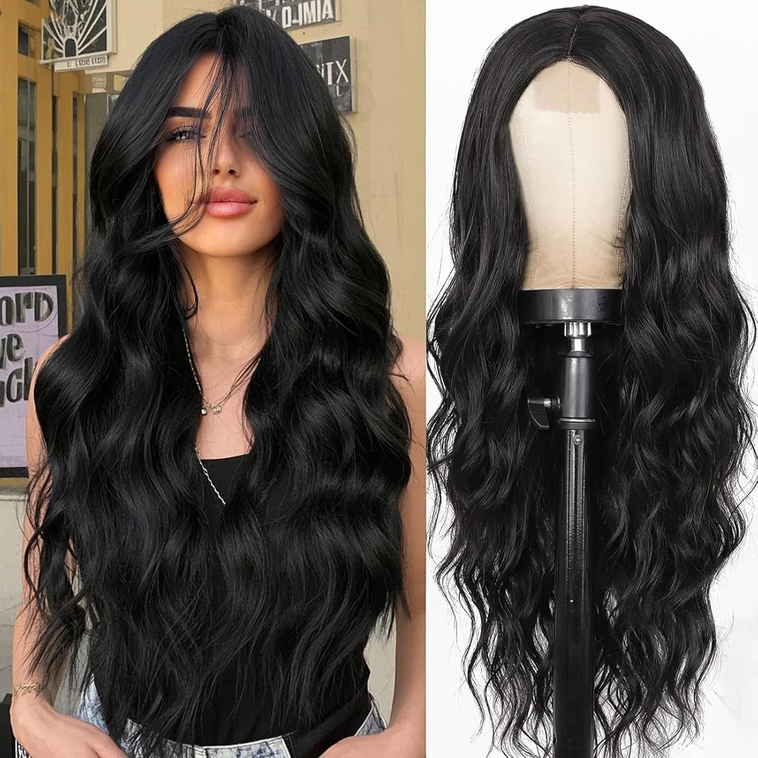 Black Wigs for Women, Long Wavy Wigs Middle Part Curly Wavy Wig Natural Looking Synthetic Heat Resistant Fiber Wig for Daily Party Use 26 Inch Black Wigs for Women, Long Wavy Wigs Middle Part Curly Wavy Wig Natural Looking Synthetic Heat Resistant Fiber Wig for Daily Party Use 26 Inch