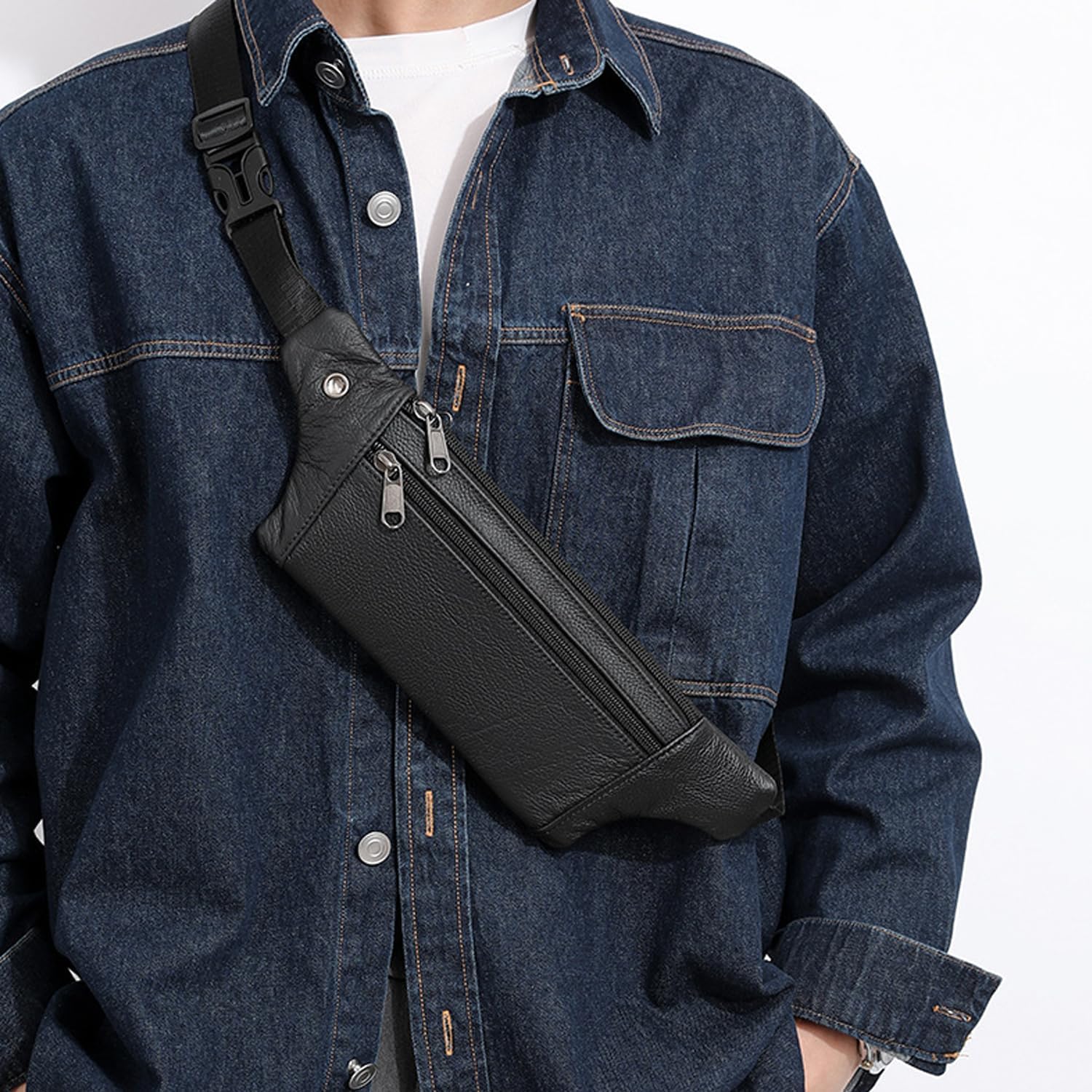 Leather Belt Bag,Black Belt Bag Mens Fanny Pack Crossbody 3-Zipper Pockets Phone Bag Fits All Phones Wallet Keys, Casual Hands-Free Waist Pack For Travel Workout Running Gifts - Image 5