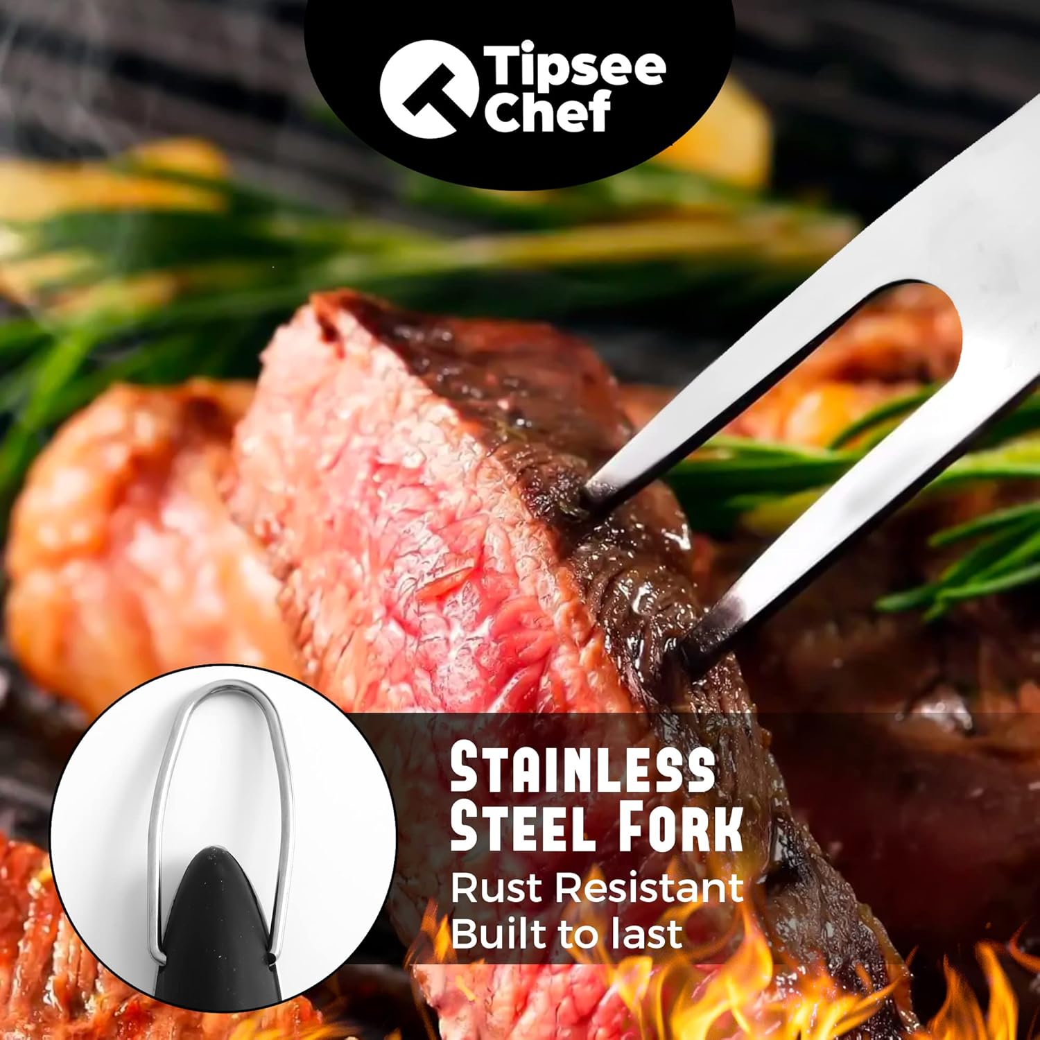 Tipsee Chef BBQ Tool Set - 4 Piece Grill Set - Barbeque Grilling Accessories: Spatula with Built-in Bottle Opener and Serrated Edge, BBQ Tongs, Fork & Brush