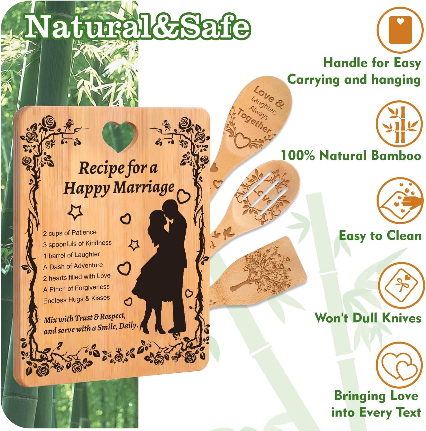 Bridal Shower Gifts - Wedding Gift for Couples 2025 with "Recipe for a Happy Marriage" Design, Bamboo Cutting Board with Engraved Utensils for Bride and Groom Engagement