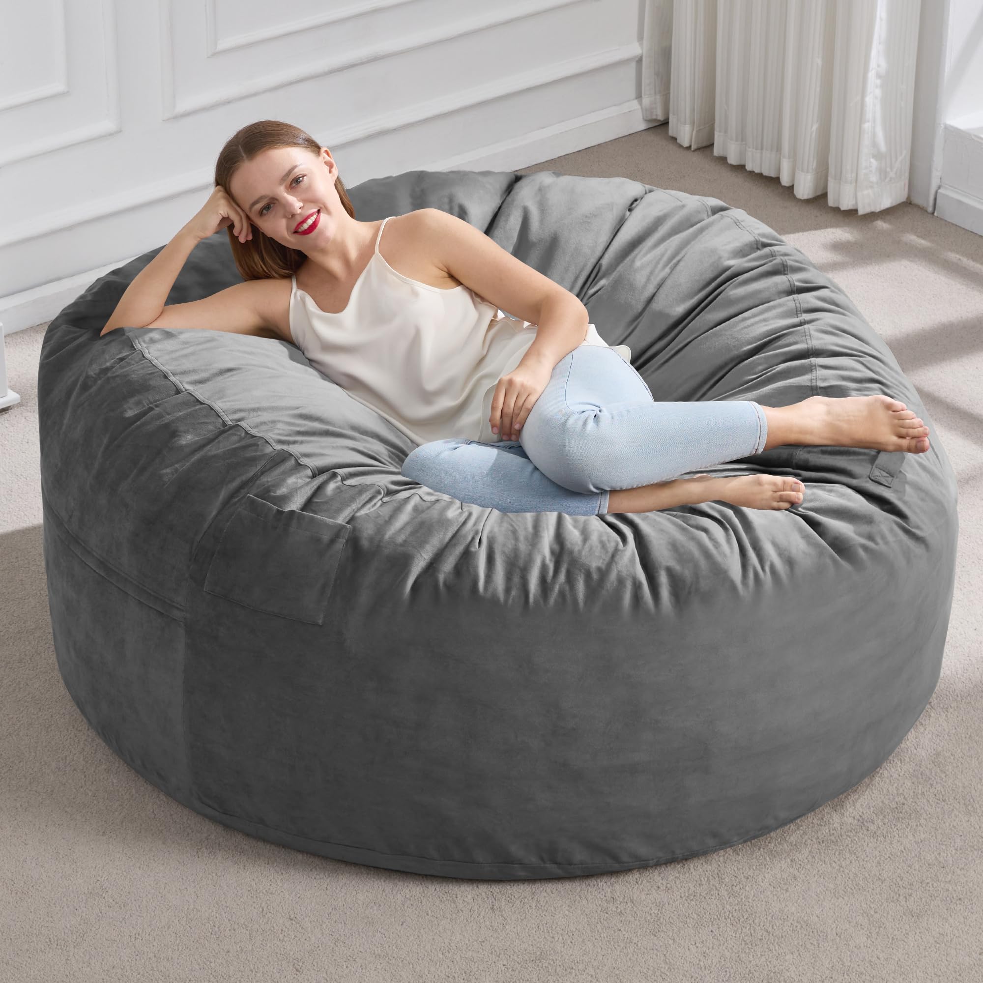 5FT Bean Bag Chair Bean Bag Chairs for Adults Giant Bean Chairs with Velvet Cover, Memory Foam BeanBag Chair Large Bean Bag Chairs for Adults for Living Room, Bedroom - Grey (50" x 50" x 24")