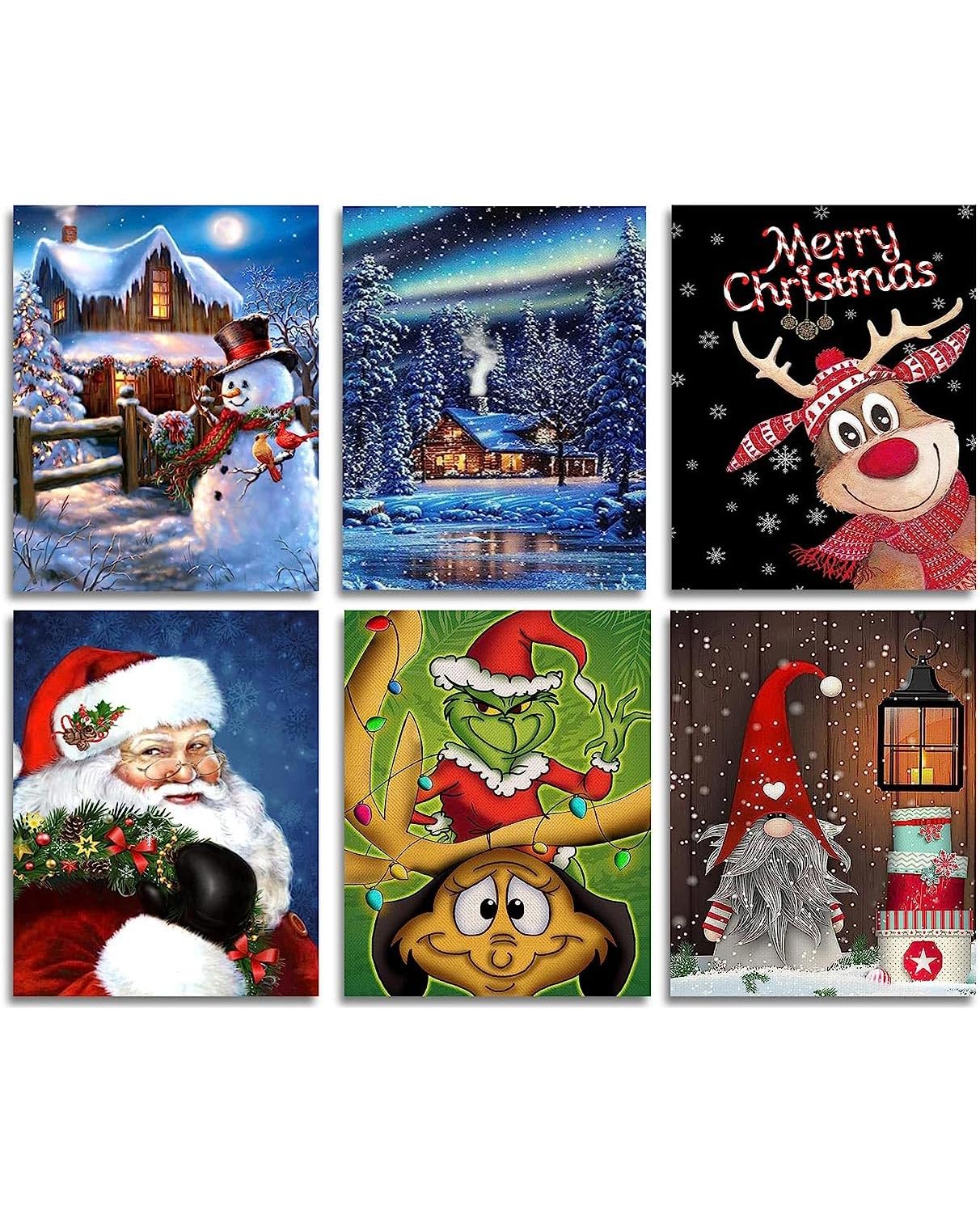 6 Pack Chrismas Diamond Painting Kits for Adults，Full Drill Round Grinch Santa Claus Diamond Art Snowman Winter Diamond Painting Gnomes for Home Wall Decor Gift11.7x15.8