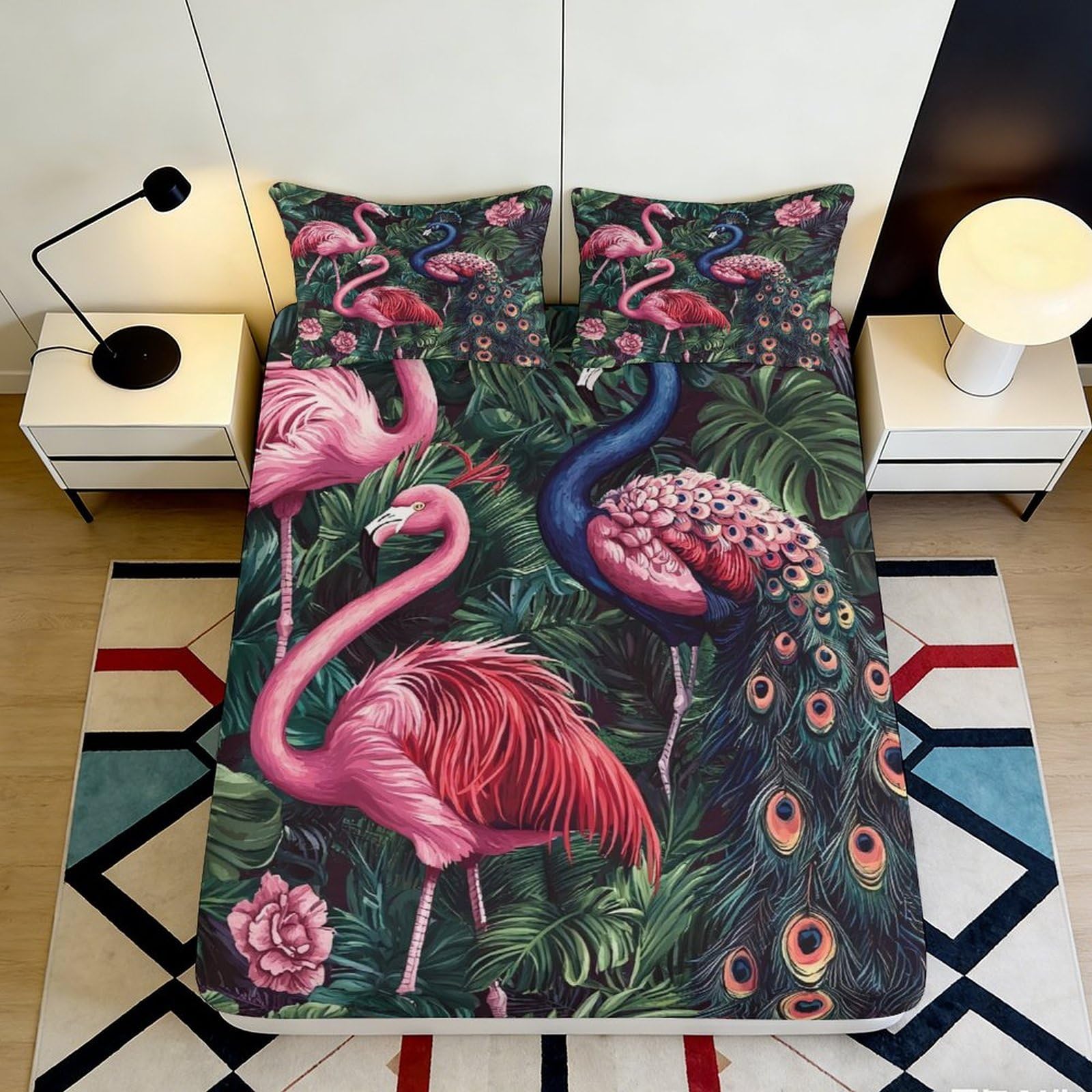 3D Printed Flamingo Tropical Leaves Fitted Sheet Microfiber Deep Pocket Flamingo Mattress Fitted Cover Non-Slip Bedroom Bedding for Home 200x200x25cm 90x200x25cm