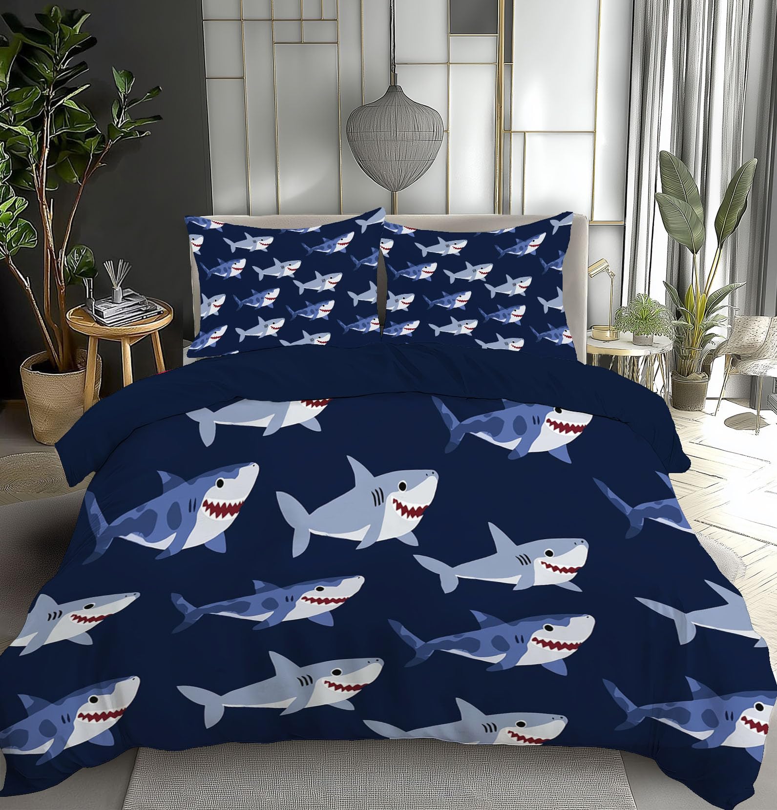 Parure de couette requin 140x200 bleu marine avec ensemble de lit dessin animé