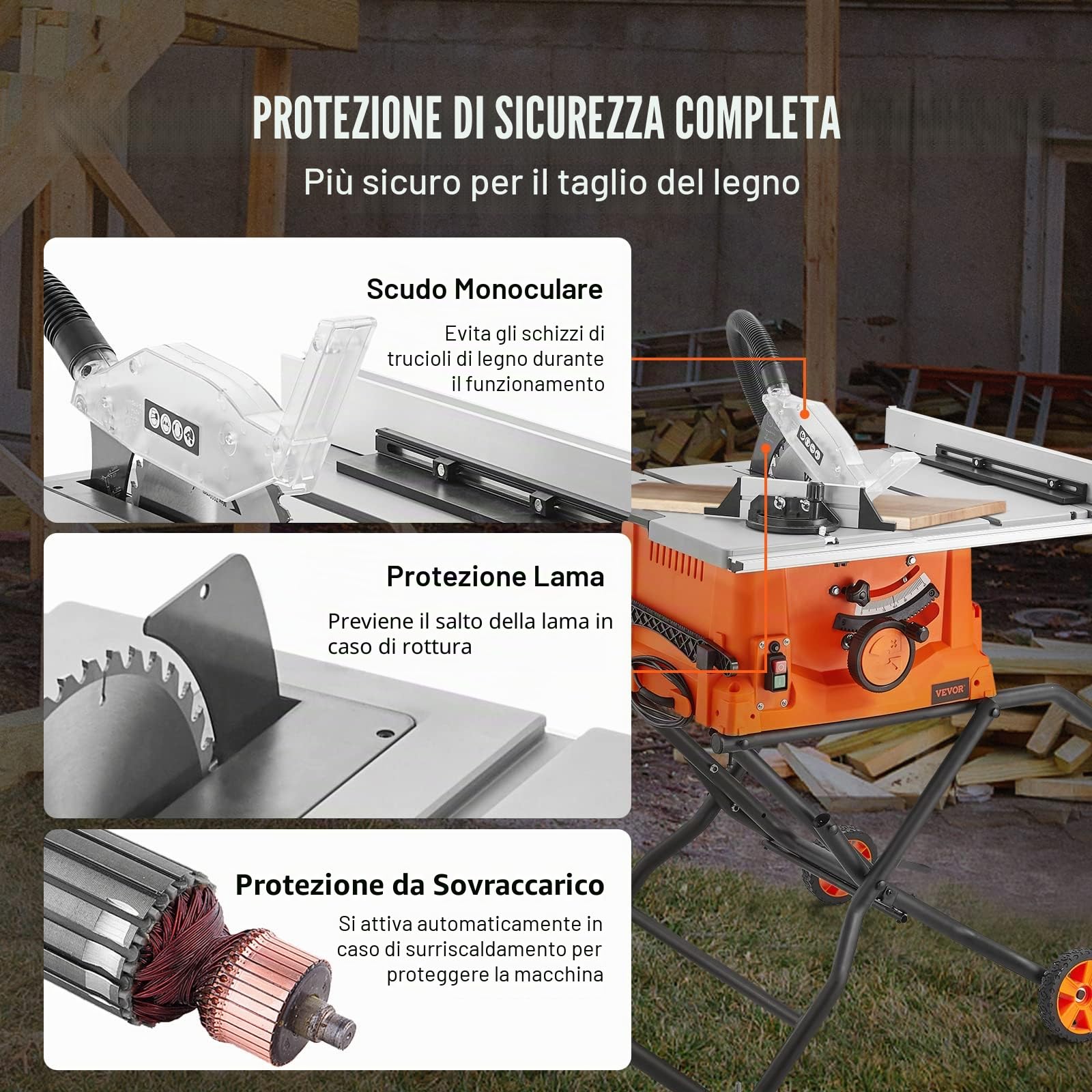 VEVOR Sega circolare da tavolo 4800 giri/min, sega da tavolo 1800 W, 85 mm a 90° sezione 55 mm con taglio obliquo a 45°, battuta angolare -60˚, ideale per il taglio di legno e progetti di lavorazione