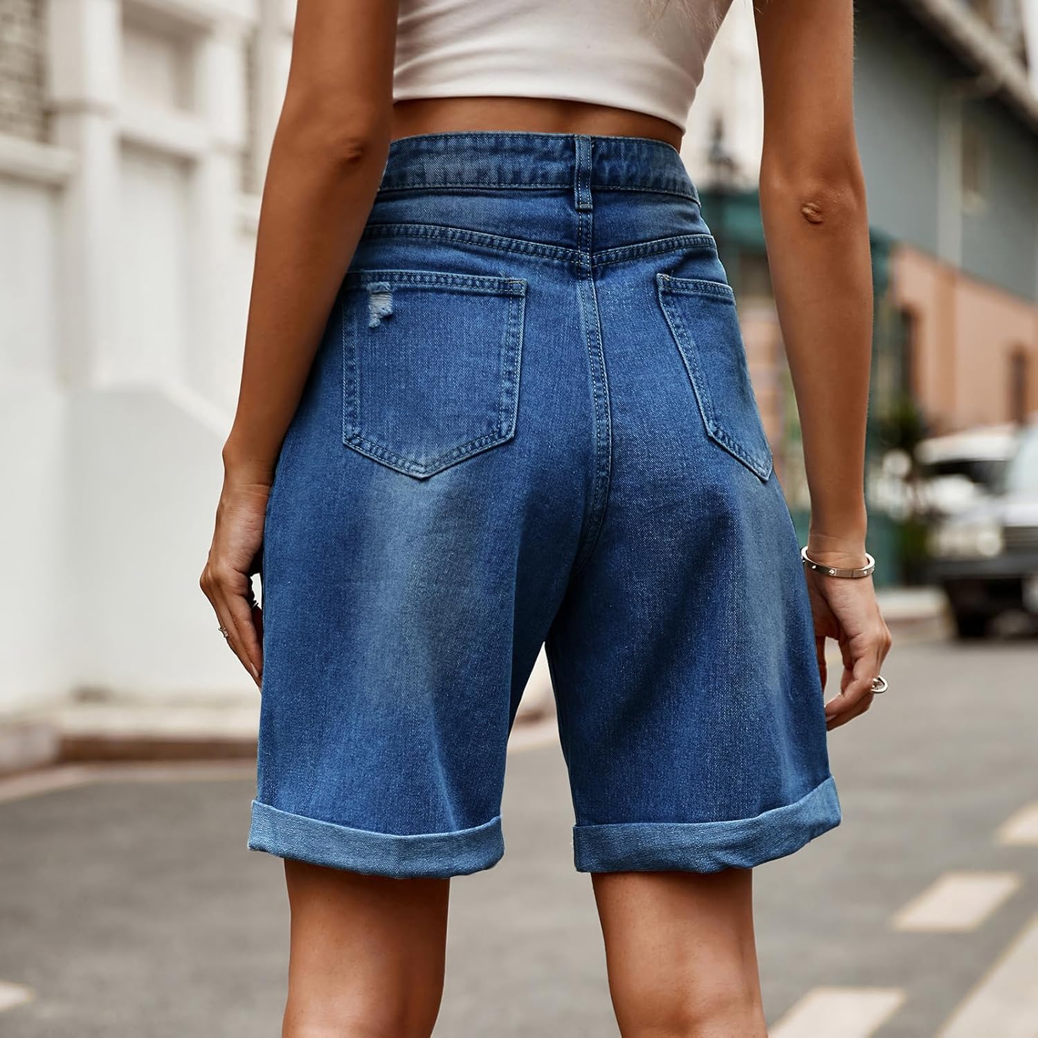 Women's High Waist Long Jean Shorts for Women Girls Denim Shorts Ripped Distressed Jeans Short - Image 2