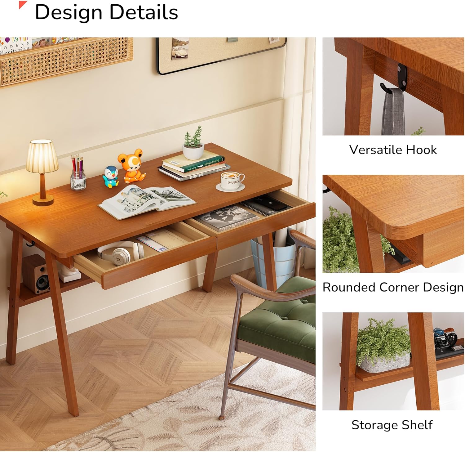 100% Solid Wood Writing Desk - 47.2" Mid Century Modern Desk, Home Office Desks with 2 Drawers and Storage Shelf, Small Computer Desks, Study Makeup Workstation for Bedroom/Living Room, Walnut