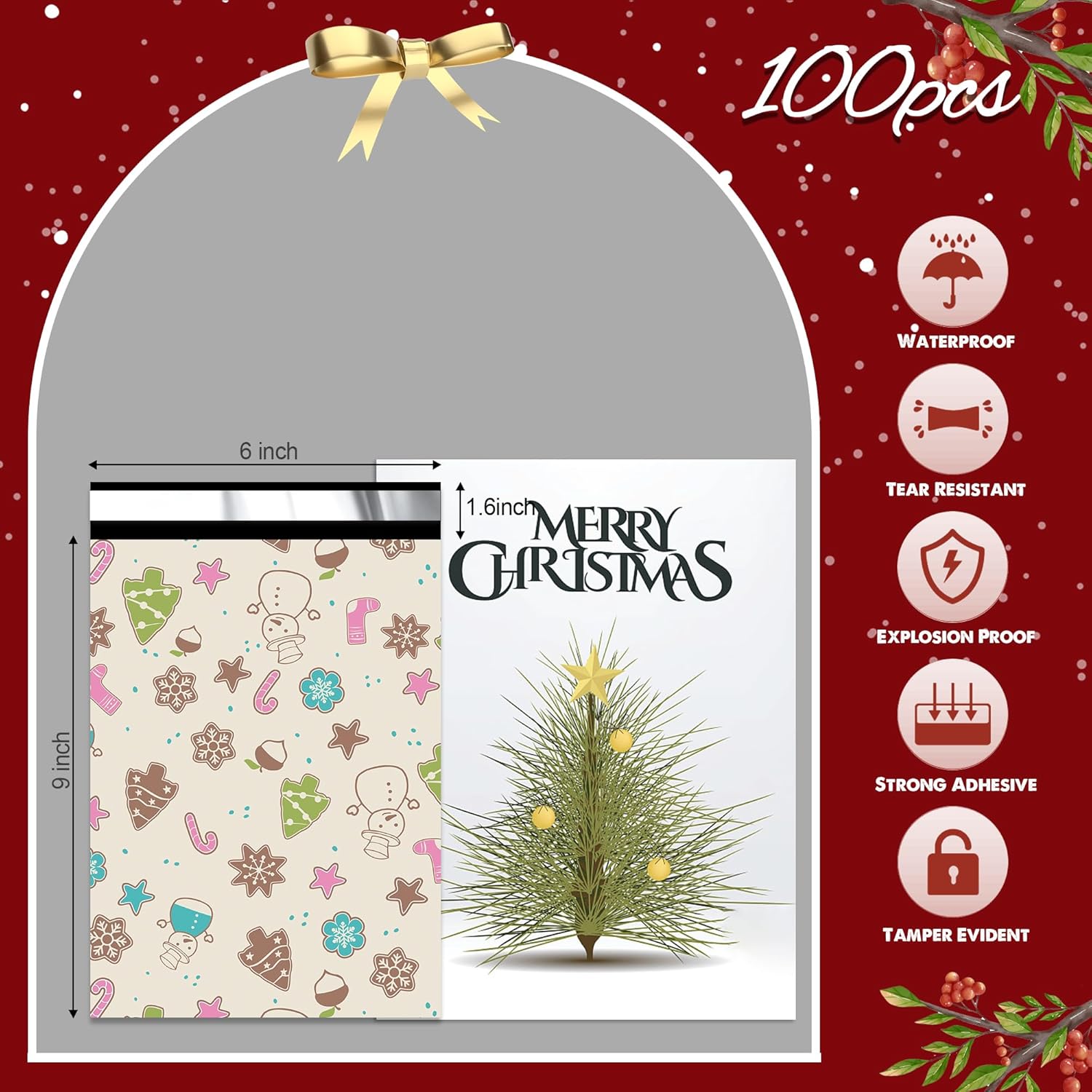 Christmas Poly Mailer 6x9 Inch 100 Pcs, Waterproof Shipping Bags for Clothing, Tear-Resistant Mailier Bags, Strong Mailing Bags with Self-Seal - Christmas Elements Printed - Image 2