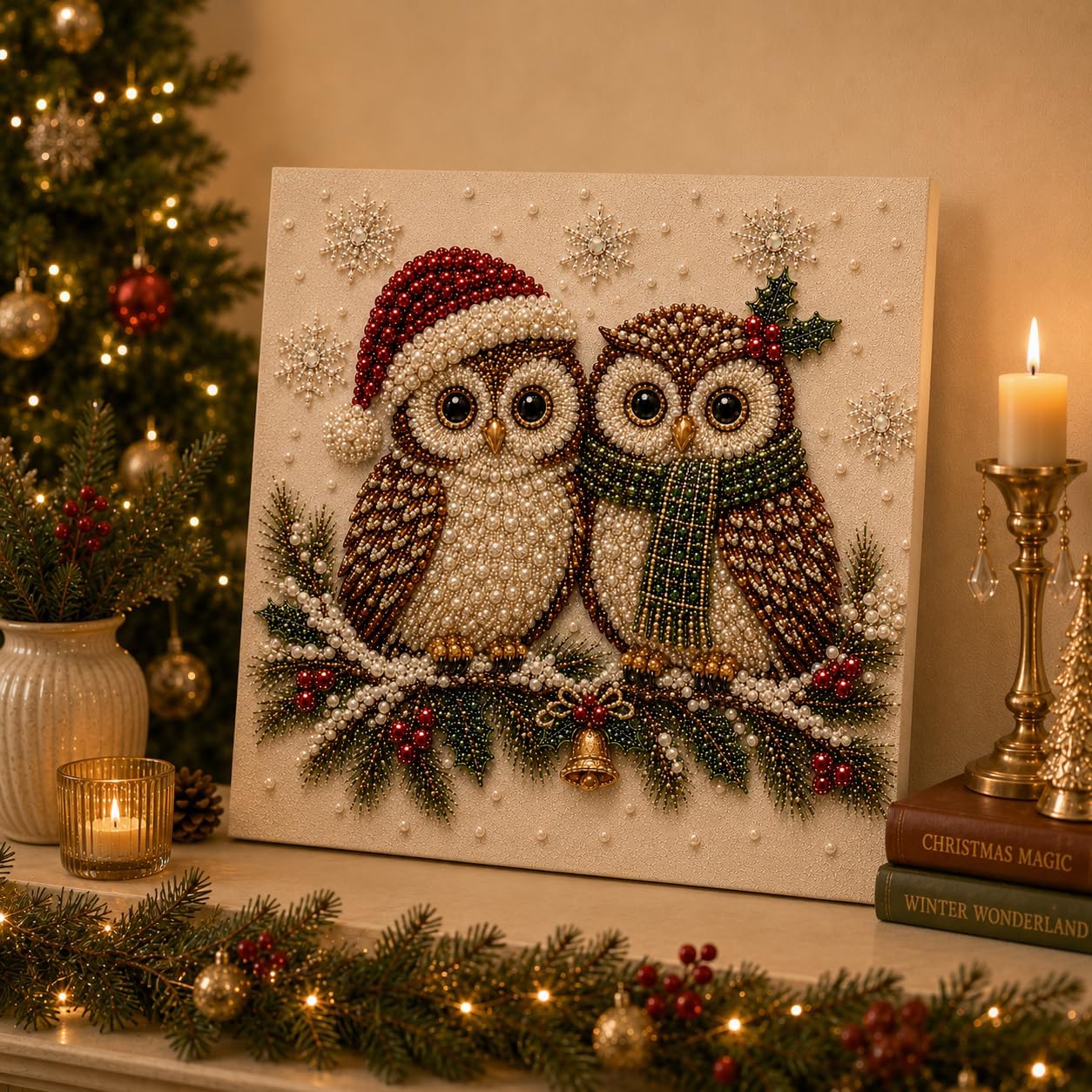 LJSCQF DIY Christmas Pearl Diamond Painting Art Kit with Frame, Home Wall Decor Art Craft Kit, Holiday Christmas Wall Decor, Handmade Home Decoration Gift (Owls, 7.8x7.8in) image 4