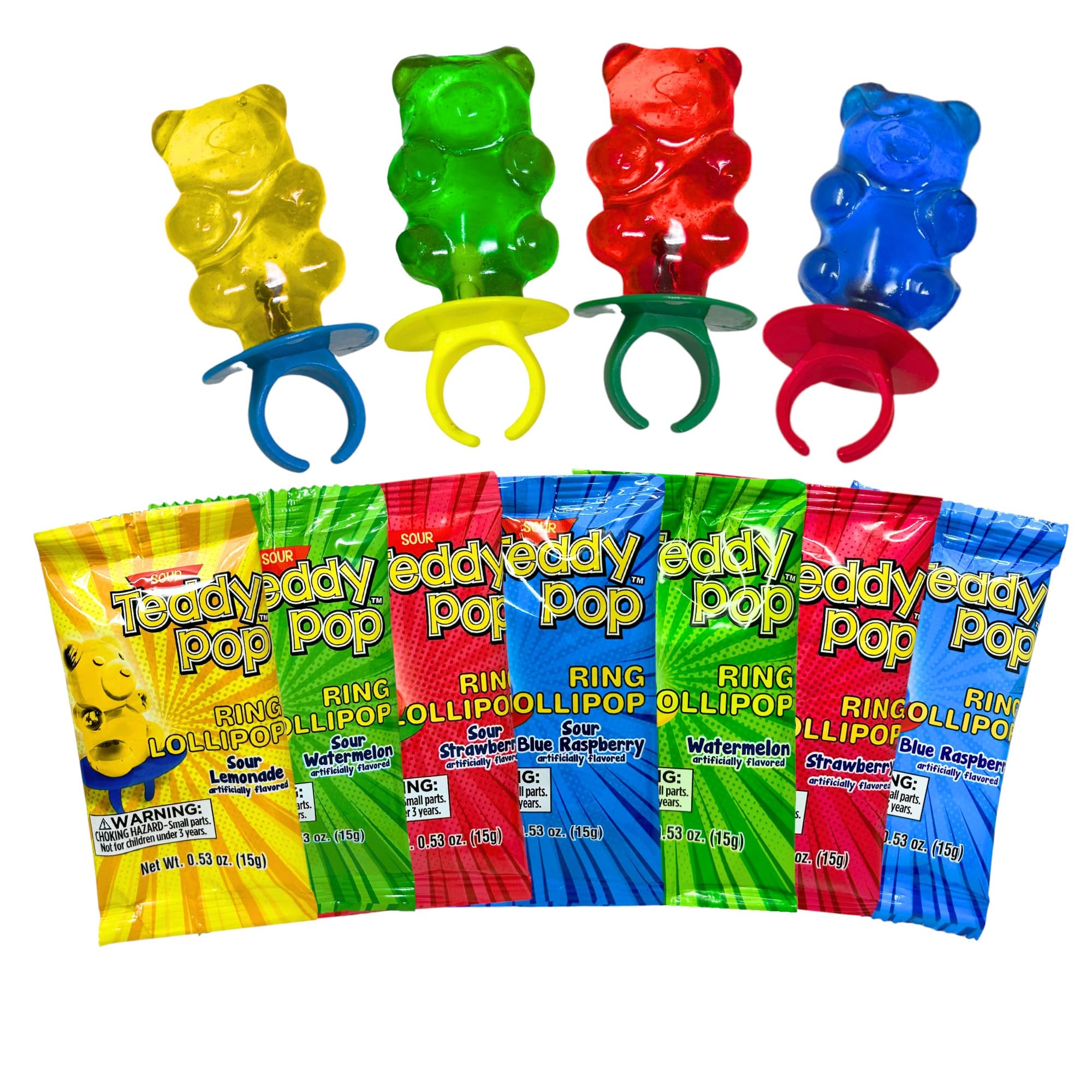 Sour & Sweet Teddy Pop Ring Lollipops Mix - 60 Count, Assorted Tangy & Fruity Bear-Shaped Ring Pops Peanut-Free, Gluten-Free, Kosher Individually Wrapped Fun & Wearable Candy for Kids, Party Favors, and More