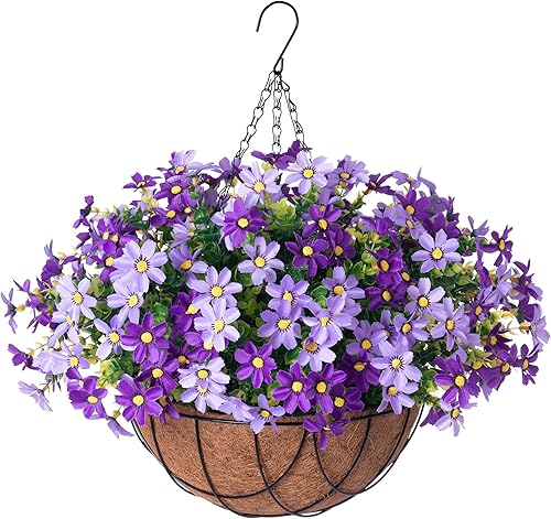 Flores artificiales con maceta colgante para exteriores, margaritas de seda sintética, plantas resistentes a los rayos UV en cesta, porche, jardín,