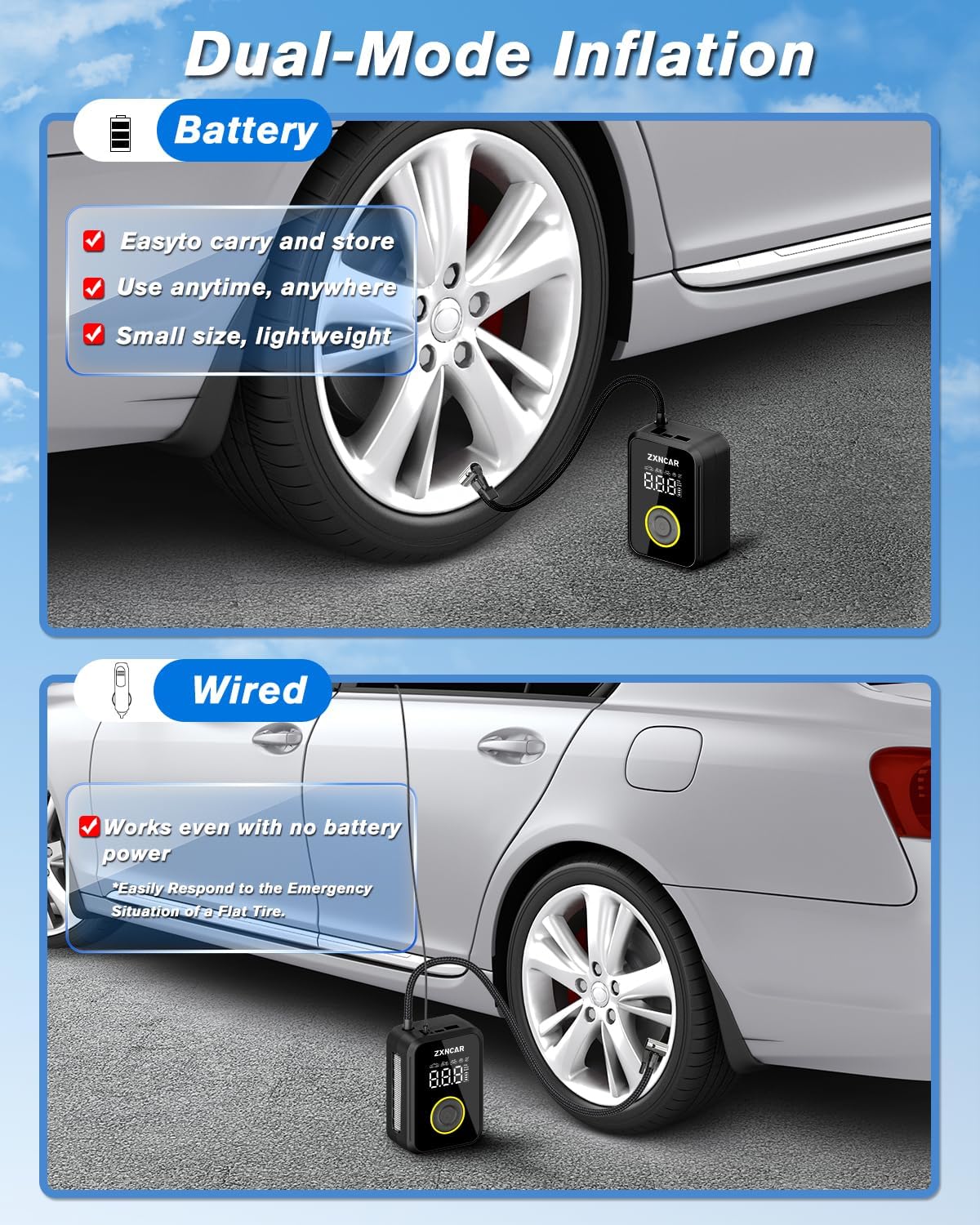 Tire Inflator Portable Air Compressor, Auto air Pump for Car tires Cordless Rechargeable Battery and 12V DC with Pressure Gauge 200PSI 4X Smart Fast Inflation for Cars Bicycles Motorcycles Balls
