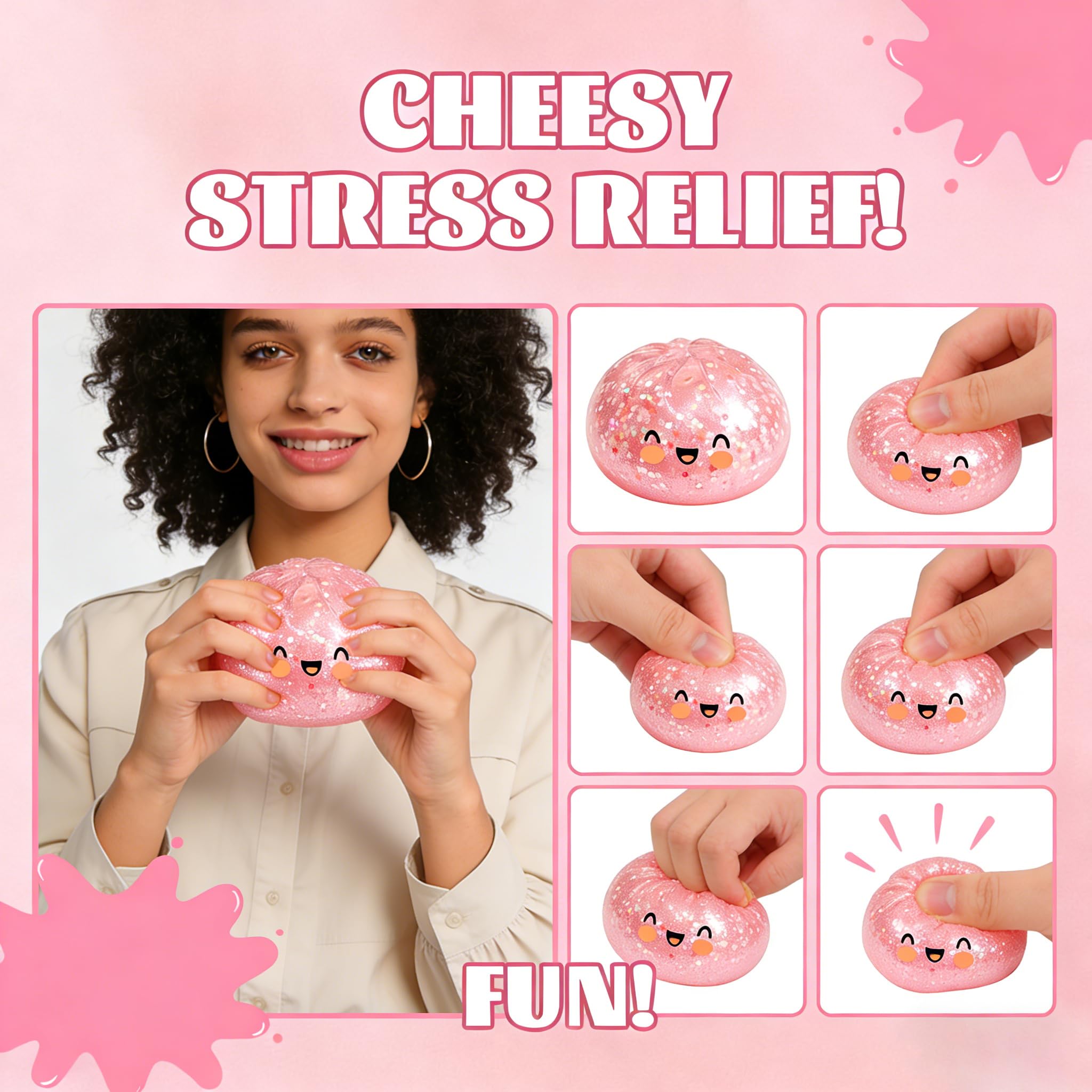 Giant Glitter Dumpling Squishy, Colorful Mystery Stress Dumplings, Cute Soft Calming Unbreakable Figurine Simulation Ball (Pink) - 3