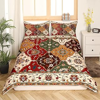 Erosebridal Boho Floral Duvet Cover Queen, Retro Flower Grid Bedding Set, Tribal Fashion Bohemian Tribal Lacy Comforter Cover, Kids Vintage Antique Lattice Damask Paisley Quilt Cover