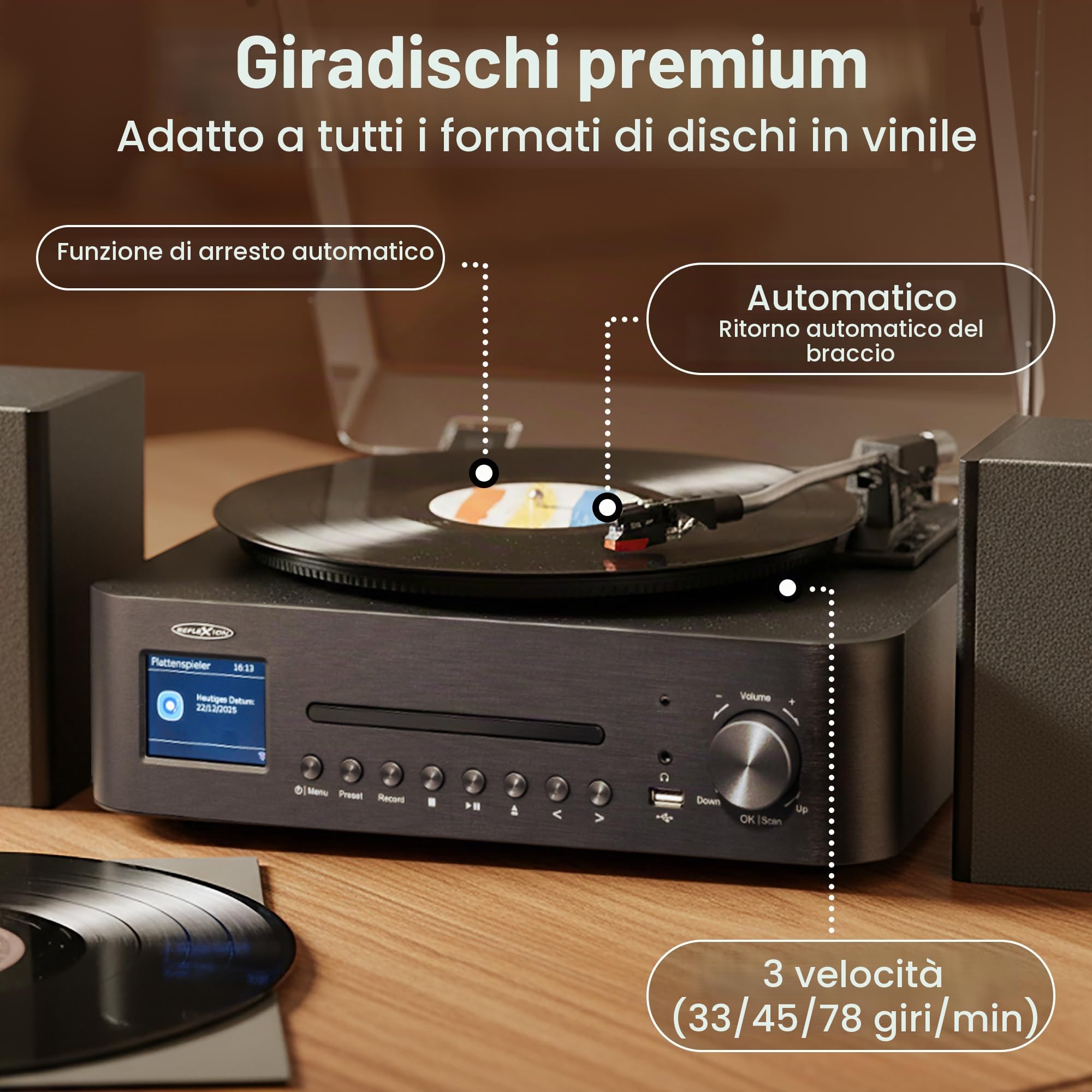 Reflexion Giradischi con altoparlante e WiFi, impianto HiFi retrò con DAB+, radio Internet, Bluetooth, CD, registrazione USB MP3, display a colori, sveglia e timer di sospensione, sistema completo con
