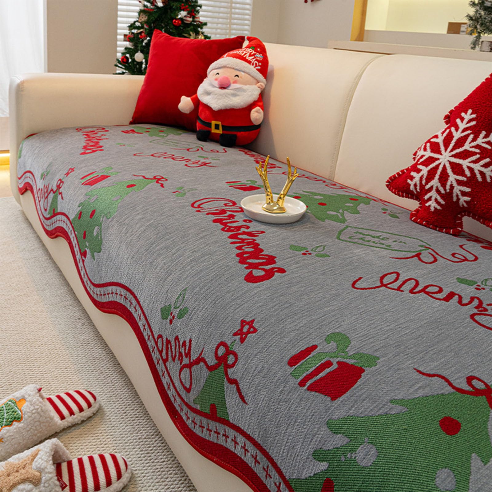 Housse de canapé chenille Noël grise 90x160cm lavable pour protection animaux