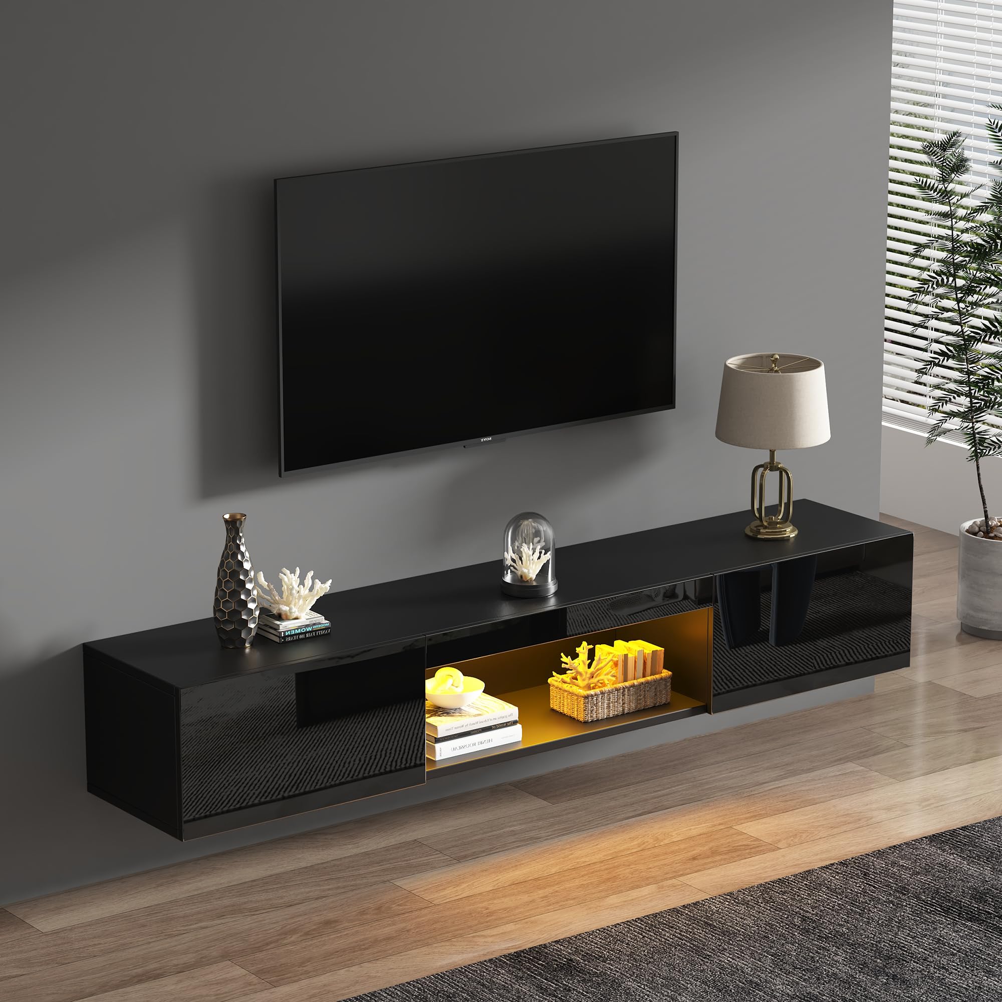 Szafka pod telewizor o przekątnej 70", wisząca szafka pod telewizor z oświetleniem LED i sterowaniem za pomocą aplikacji, czarna, wysoki połysk, 160 cm, miejsce do przechowywania, zarządzanie