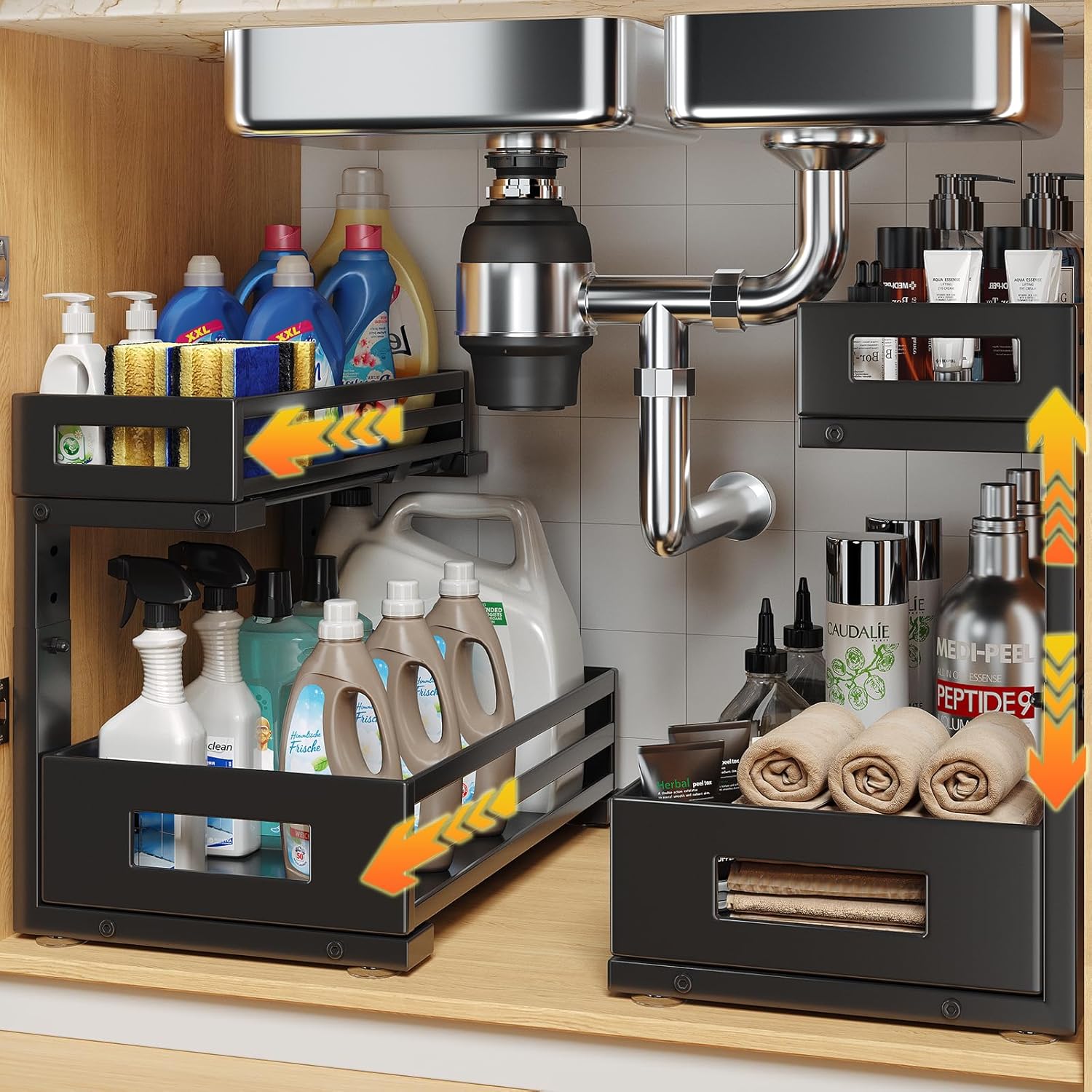 2-pack under sink organizers and storage,2-tier l shape pull out cabinet organizer with round tube slide rails,hight adjustable slide out drawers for kitchen&bathroom,multi-purpose storage shelf-black 2 pack-15.7"dx11.4"-16.34"h black