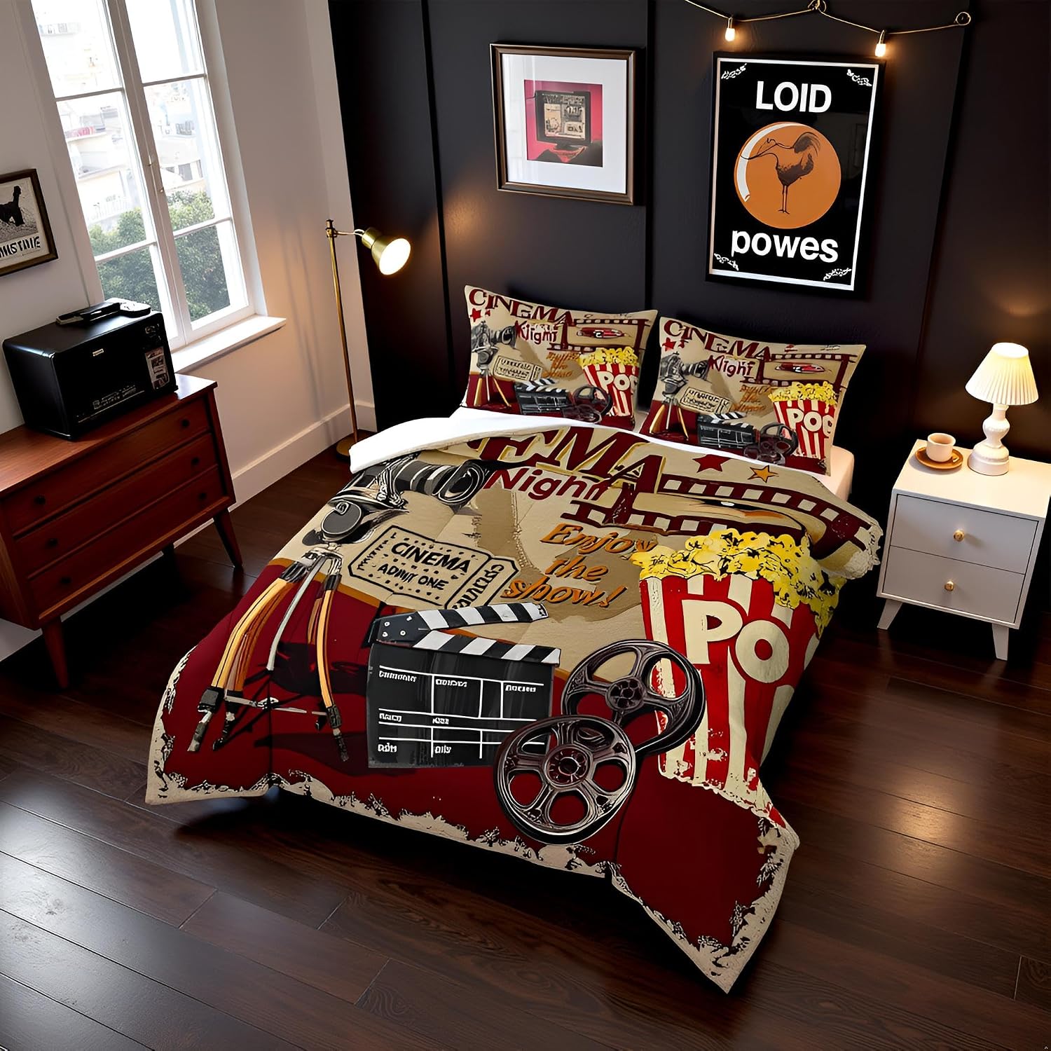 Homewish Retro Cinema Comforter Set,Movie Theater Theme Bedding Set for Kids Girls Women,Adults Popcorn and Film Comforter,Vintage Cinema Ticket Quilted Duvet Set Bedroom Collection Twin Size 2Pcs
