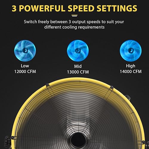 Miniatura 2 de Ventilador de tambor industrial de 30 pulgadas, ventilador de piso resistente de 14000 CFM, potente circulador de aire de 3 velocidades con ruedas