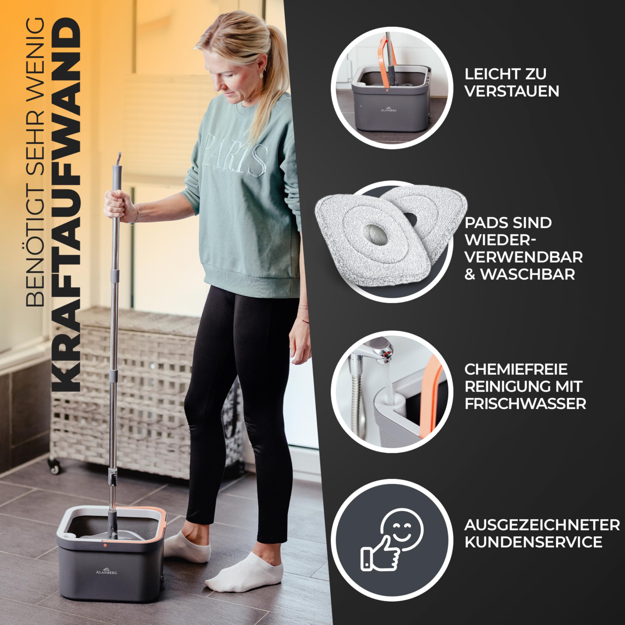 Wischmopp Set mit Eimer, 2-Kammer-System & 2 Mikrofaser-Pads, Flachmopp Bodenwischer mit Edelstahlstiel & Auswringfunktion, Nass- und Trockenmopp für Home & Bodenreinigung, Grau – ALANBERG®