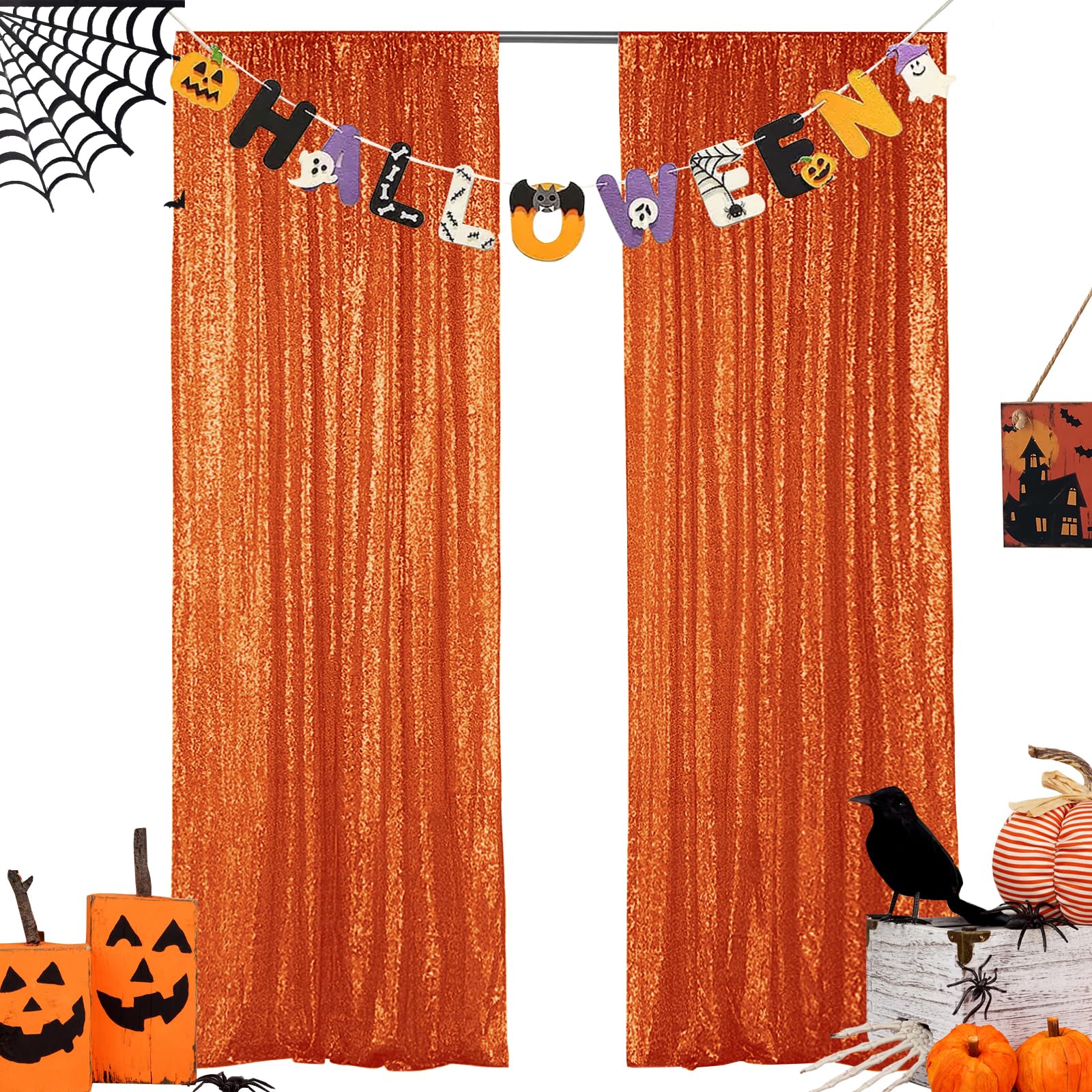 Hahuho Orange Sequin Backdrop Curtain, Halloween Glitter Backdrop Curtain for Parties, Christmas, Wedding, Party Decoration?4 Panels, 2FT x 8FT, Orange