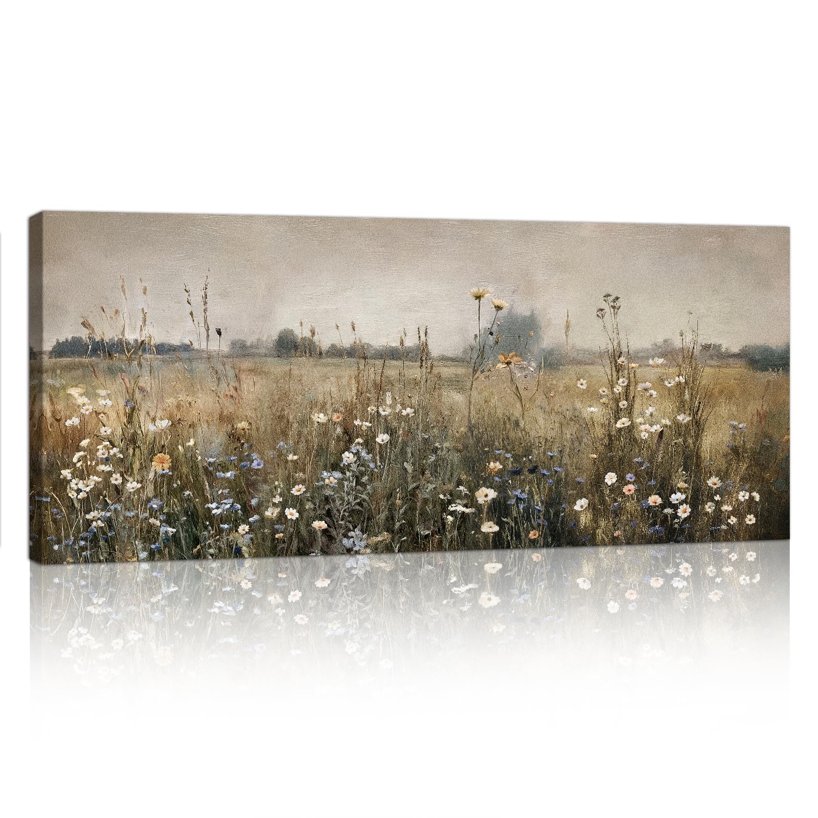 Tableau vintage de fleurs sauvages pour décorer un salon de style ferme moderne 50x120cm