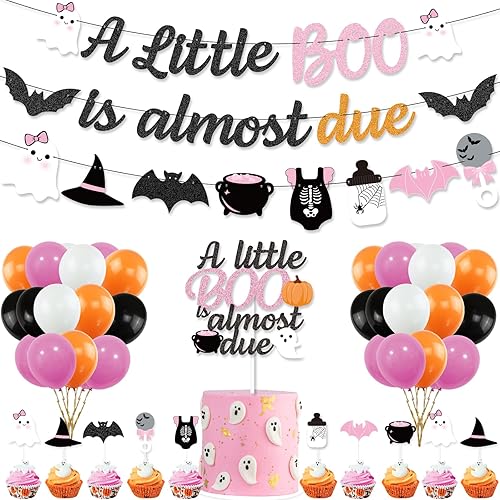 K KUMEED Decoraciones de Halloween rosa y naranja para baby shower, pancarta con texto en inglés "A Little Boo is Almost Due Banner,Cute Ghost Baby