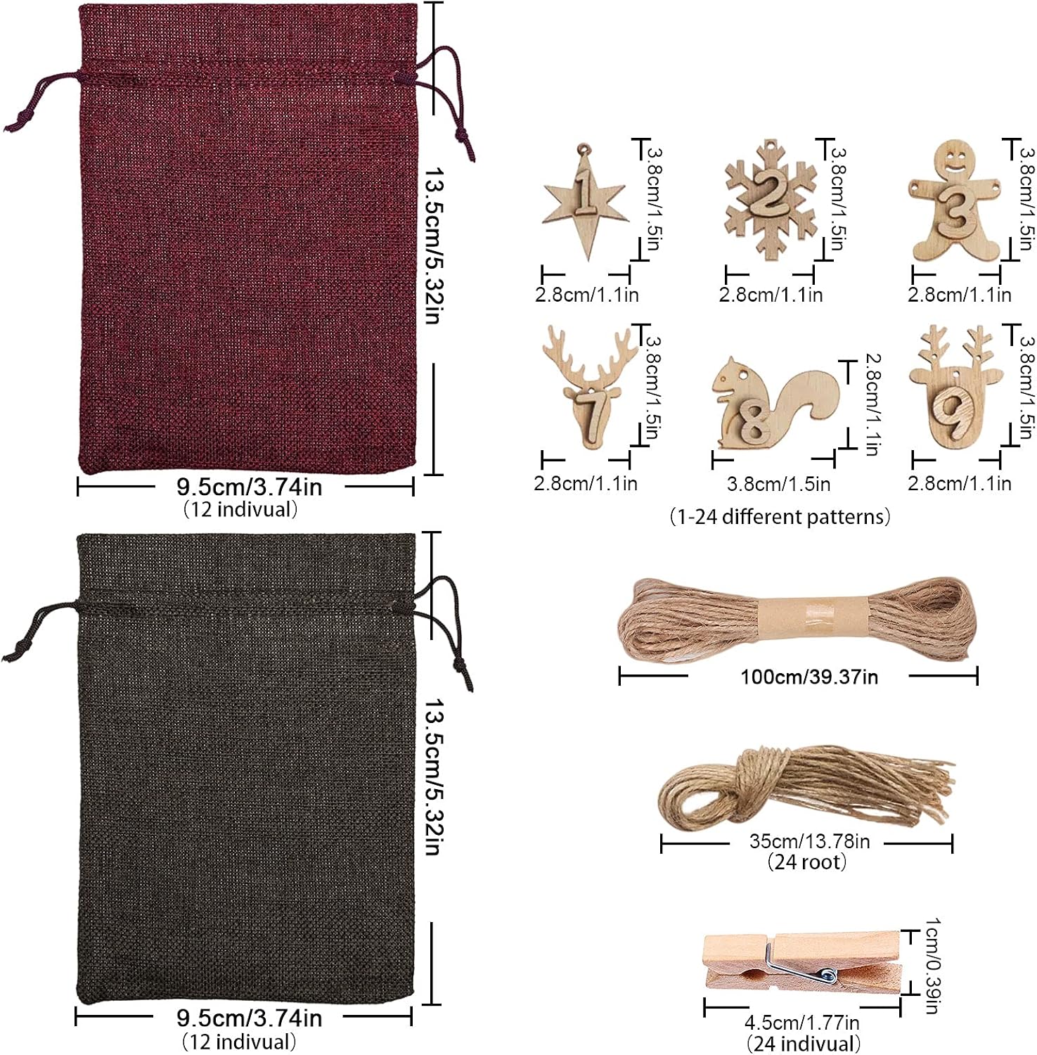 Christmas Advent Calendar Bags, 24pcs Countdown Calendar Bags, DIY Fillable Advent Calendar Burlap Hanging Gift Candy Bag Set for Home Party Festival Decoration Decor with Rope,Wooden Clips & Tags