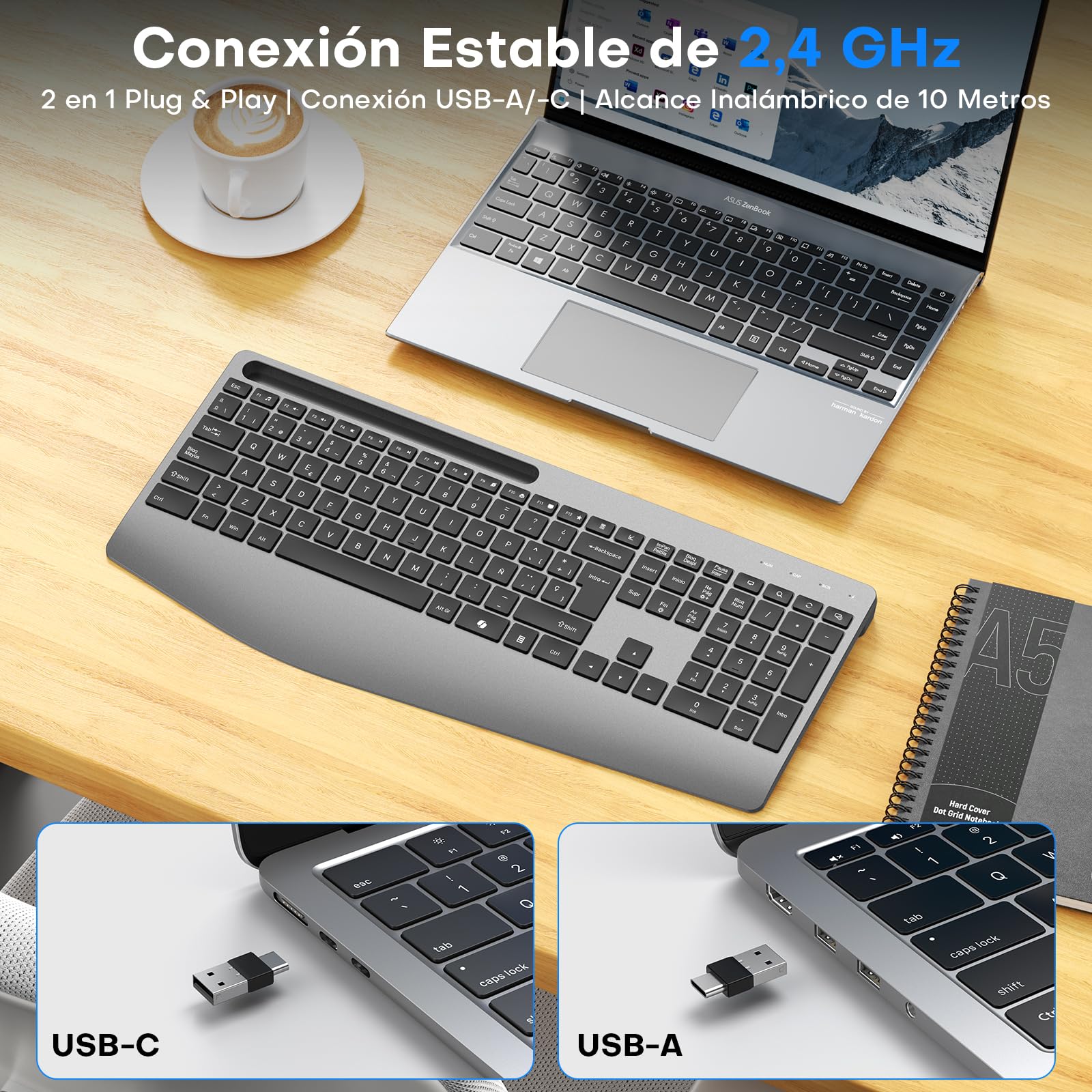OMOTON Teclado Inalámbrico Ergonómico Reposamuñecas QWERTY Español 2,4G | Recargable, Teclado Silencioso, 7 colores retroiluminación, Soporte móvil, Oficina estudio, para Windows y Linux