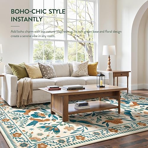Miniatura 2 de Moynesa Alfombras de área de 9 x 12 pulgadas, decoración retro para el hogar, alfombra moderna bohemia con patrón de pájaros florales con patrón de