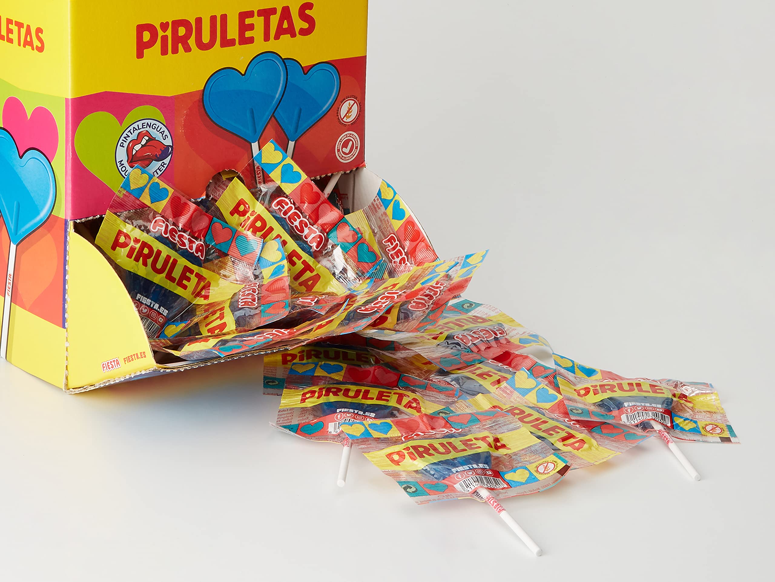 FIESTA Piruletas Pintalenguas Caramelo con Palo en Forma de Corazón Sabor Mora - Caja de 80 unidades & Kojak Pintalenguas Caramelo con Palo Sabor Mora Relleno de Chicle - Caja de 100 unidades