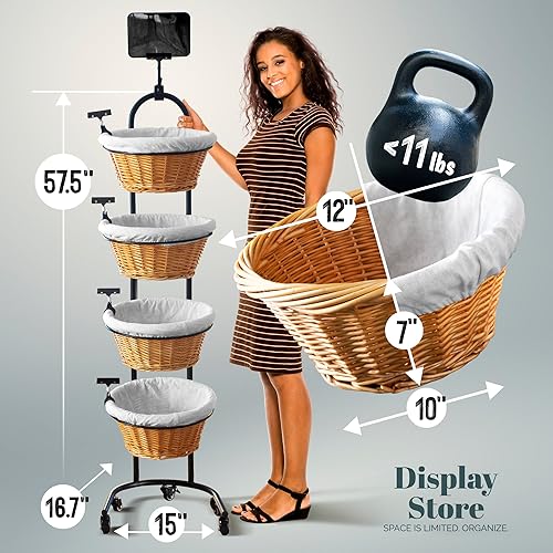 Miniatura 7 de DS THE DISPLAY STORE Soporte de exhibición al por menor de 4 niveles con ruedas y clips de letrero, soporte de cesta de estante de exhibición al por